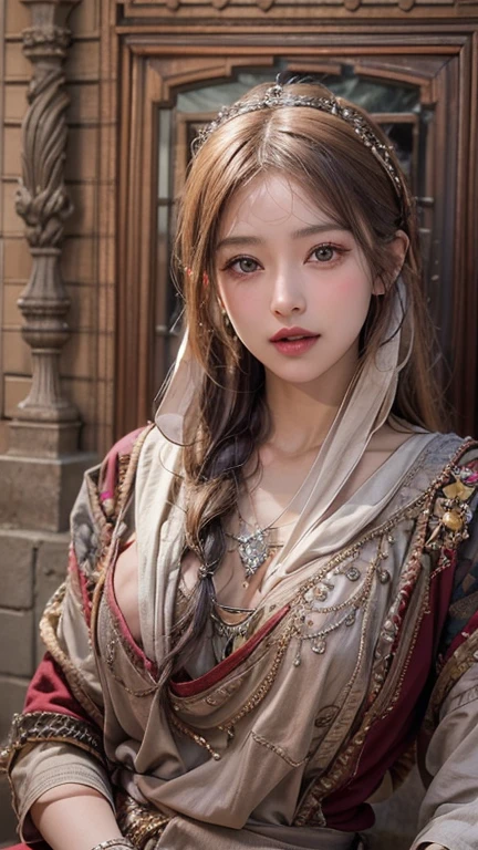 (masterpiece:1.3), (8k, Realistic, RAW Photos, Best image quality: 1.4), Japanese 、18-year-old,(Random Hairstyles:1.2)、Cleavage:1.2、Highly detailed face、Attention to detail、double eyelid、Chest to chest、Sharp focus:1.2、Beautiful woman:1.4、Light brown hair、highest quality、masterpiece、超A high resolution、(Realistic:1.4)、Highly detailed and professionally lit smiles、Loose fitting steampunk outfit、Shoulders out、thin、Serious expression、Holding a gorgeous necklace in her right hand, In the city、Eat dinner