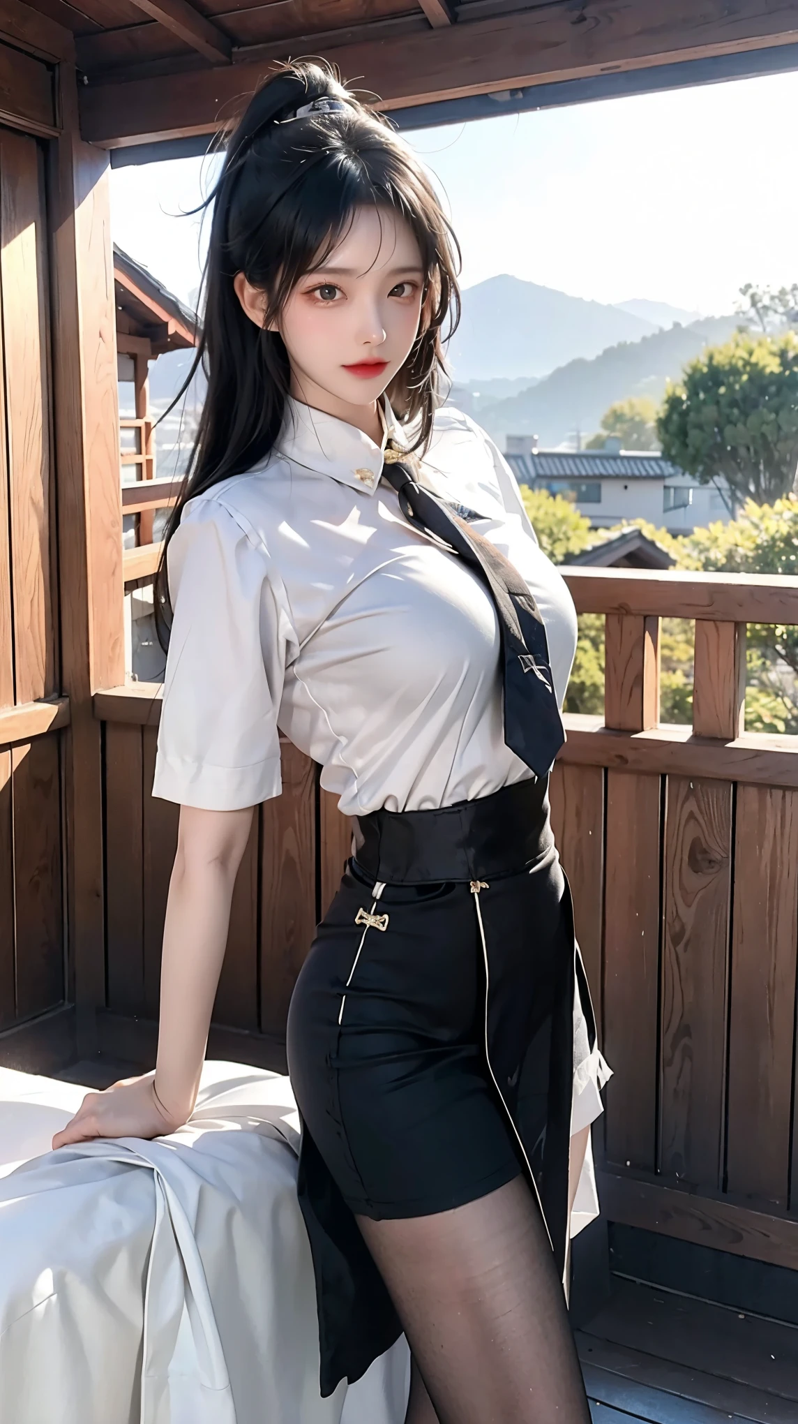 Girl，Black hair，Exquisite face，（（White shirt）），（（Short tie）），（（Blue light checkered skirt）），（（White stockings）），Hands behind your back，Look at the camera，Under the eaves，Next to the cabin，