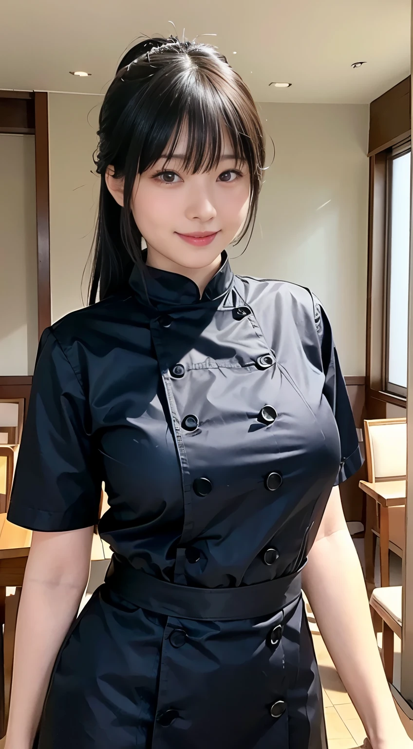 (Highest quality,masterpiece:1.3,Ultra-high resolution,),(Very detailed,Caustics),(Realistic:1.4,RAW shooting,)Ultra-Realistic Capture,Very detailed,High resolution 16k human skin closeup。 Natural skin texture、,pores、、、、It must be detailed enough to be easily identifiable。 Skin tone is even and healthy looking。 Use natural light and colour,Con Cafe Girl、restaurant,Waitress Uniform,1 girl,Japanese,18-year-old,cute,Black-haired,ponytail,Big Breasts,smile,Turn your body forward,(Front view:1.1),Looking into the camera,Cowboy Shot,