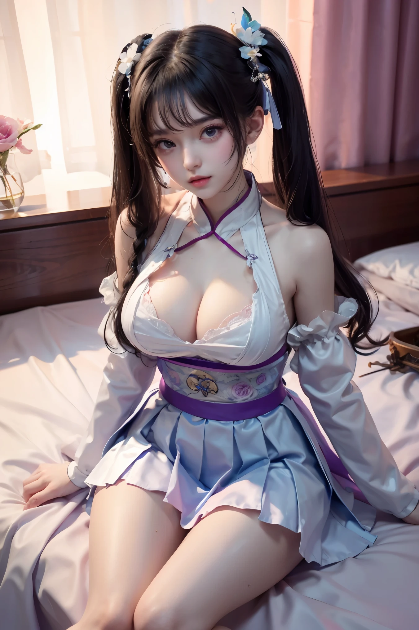 A godess cute , masturbate, big breast wet water, sexy, short skirt, twin tail, CG Unity 8k Wallpaper, in hanfu chinese dynasty very thin silk wet , open v chested petticoat , fishnet stockings, she lying on bed, flower vignette transparent fabric, , (huge ,cleavage), white pink and blue and purple,best qualtiy,tmasterpiece,Ultra-high resolution,(Reality:1.4). boy and she