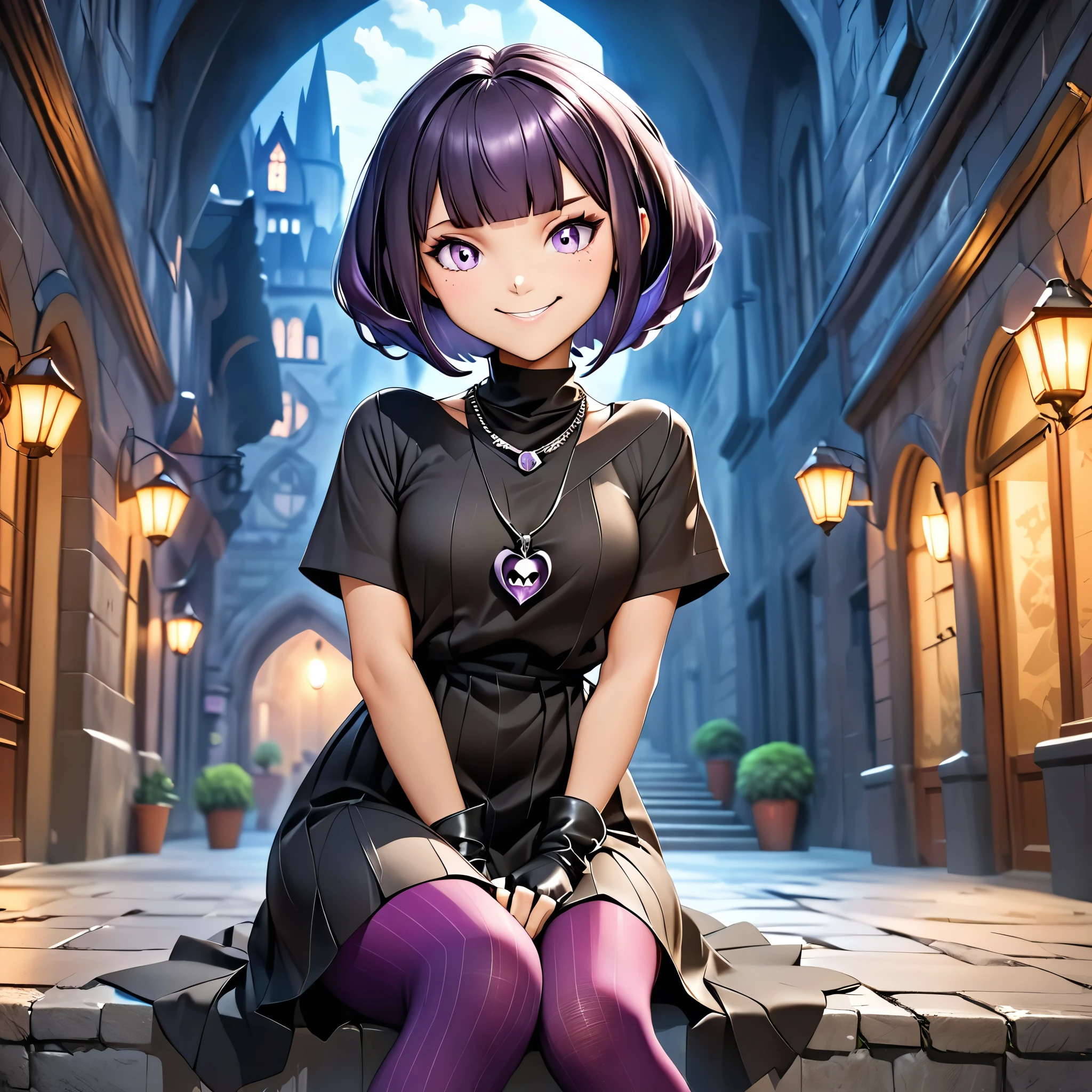 4k, HDR, full HD, deep purple hair, a character inspired by Mavis from the Hotel Transylvania series, focusing on her unique style and personality.The character is a girl with a playful yet mysterious aura.She has long, dark hair with a subtle purple tint, styled in a loose, wavy manner that frames her face.Her outfit consists of a stylish black dress that falls just above the knees, with a high collar and short sleeves, embodying a modern gothic look.Accentuate her outfit with vibrant purple tights and stylish black boots that add a touch of edginess.Include accessories like a bat-shaped pendant necklace and fingerless gloves.Highlight her confident posture, mischievous smile, and the spark of adventure in her eyes, capturing the essence of a fun-loving yet slightly rebellious spirit. mature adult version,