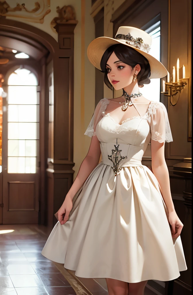 arafed woman in a white dress and hat in a room, dress in the style of rococo, rococo fashion, rococo queen, # rococo, rococo dress, intricate victorian dress, rococo!, in victorian aristocrat, robe. extremely high details, rococo style, ivory rococo, historical baroque dress, marie antoinette, victorian dress