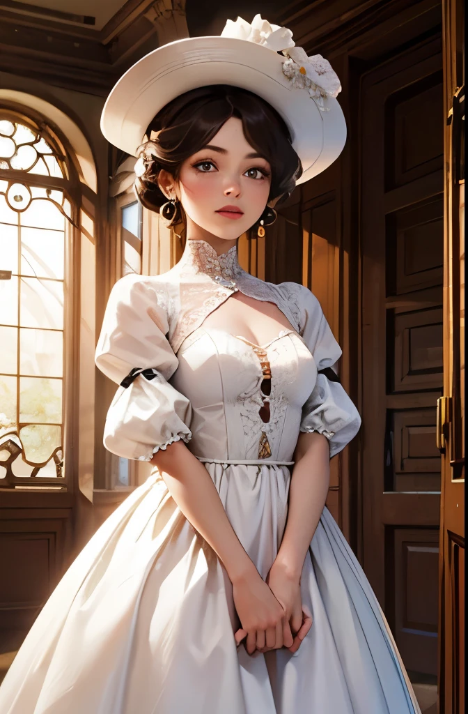 Amazingly beautiful girl from England, Florence Nightingale, Victoria, pale skin, (((realistic face)), realistic proportions, delicate body, staring at the camera, ballet moves, damp, white formal shirt, loose collar buttons, nipple bumps, long loose hair, sweaty clothes, sweaty skin, fluffy chest, ((focus on the whole body)), ( Delicate Illustrations: 1.4), (Renaissance Art: 1.4), (Ultra High Resolution: 1.2), (Photorealistic: 1.4), (8K, RAW Photos: 1.2), (Soft Focus: 1.4), (18 years old: 1.3), (Sharp Focus: 1.4), Beautiful Face with Attention to Detail, Pure Rose Face_V1, Photorealistic Illustrations, Natural Light Lighting, Indoor