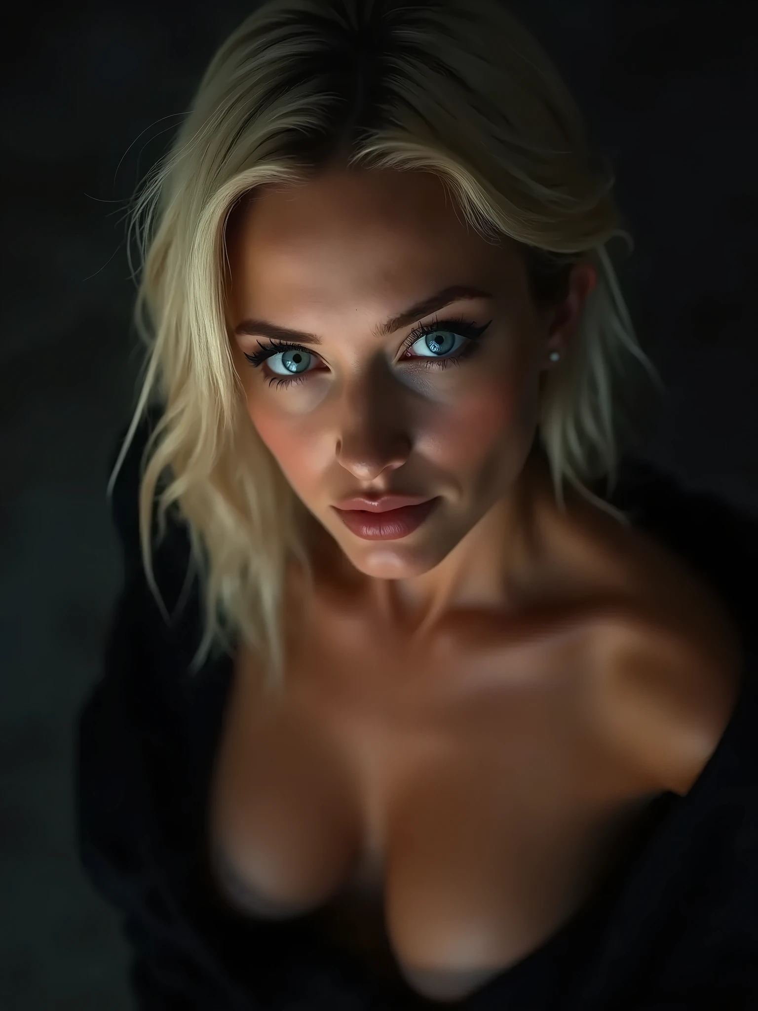 (selfie shot, from above:1.4), (half body postrait:1.4), RAW uhd portrait photo of a 24-year-old blonde (blue-eyed woman) walking down a dark alleyway, natural breasts_b, nighttime city background, (red sundress), (cleavage), detailed (textures!, hair!, shine, color!!, imperfections:1.1), highly detailed glossy eyes, (looking at the camera), specular lighting, dslr, ultra quality, sharp focus, tack sharp, dof, film grain, (centered), Fujifilm XT3, crystal clear, center of frame, cute face, sharp focus, street lamp, neon lights, bokeh, (dimly lit), low key, at night, (night sky) detailed skin pores, oiled skin, tan, intricate eye detail