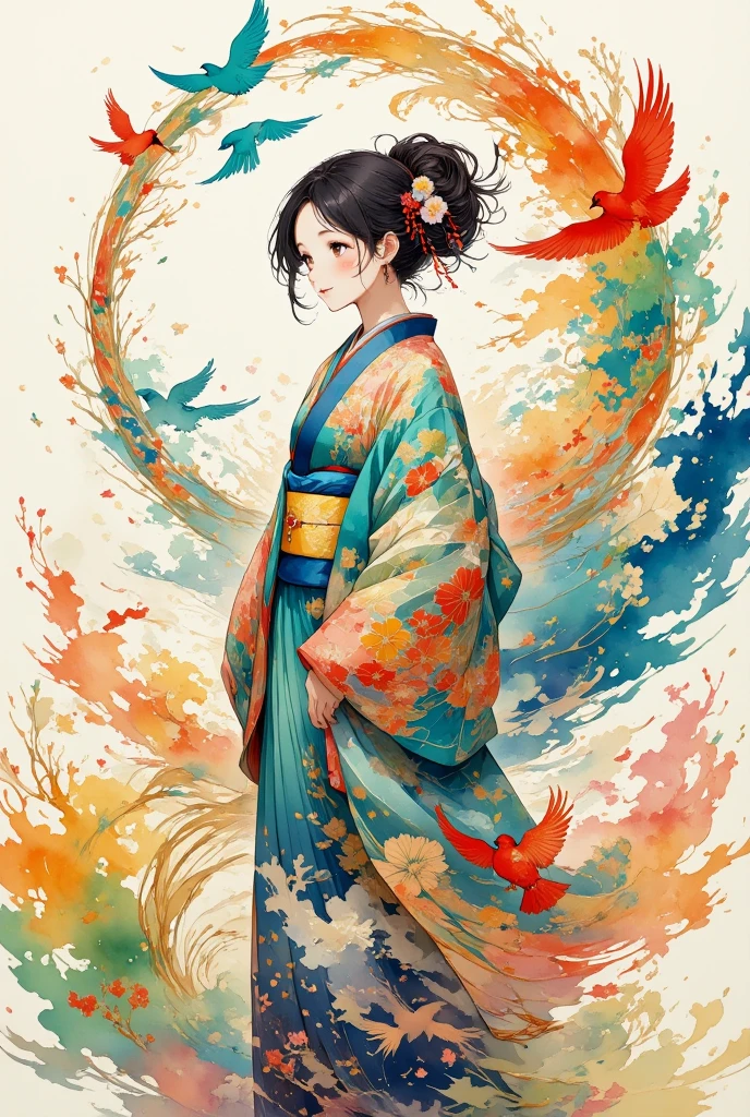 A serene scene featuring a girl in a traditional Japanese kimono, standing gracefully as vibrant birds fly around her. The birds are depicted as colorful silhouettes, each adorned with intricate, traditional Japanese patterns. The entire image has the delicate texture of washi paper, giving it a soft, artistic feel. The colors of the birds blend harmoniously, with shades ranging from deep blues and greens to bright reds and oranges, while their flight creates a swirling motion around the girl, adding a sense of fluidity to the scene.