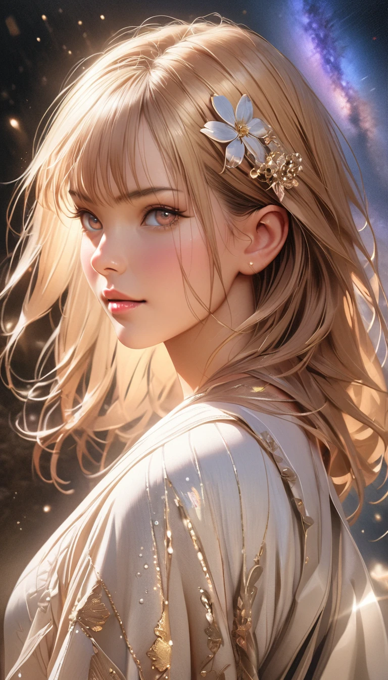 (Best quality, 4k, 8k, highres, masterpiece:1.2), ultra-detailed, (realistic, photorealistic, photo-realistic:1.37), 1girl, beautiful detailed eyes, beautiful detailed lips, extremely detailed eyes and face, long eyelashes, upper body, elegant pose, flower, wind, particle, blonde, milky way, simple background, watching the audience, dreamy, ethereal, glowing, cinematic lighting