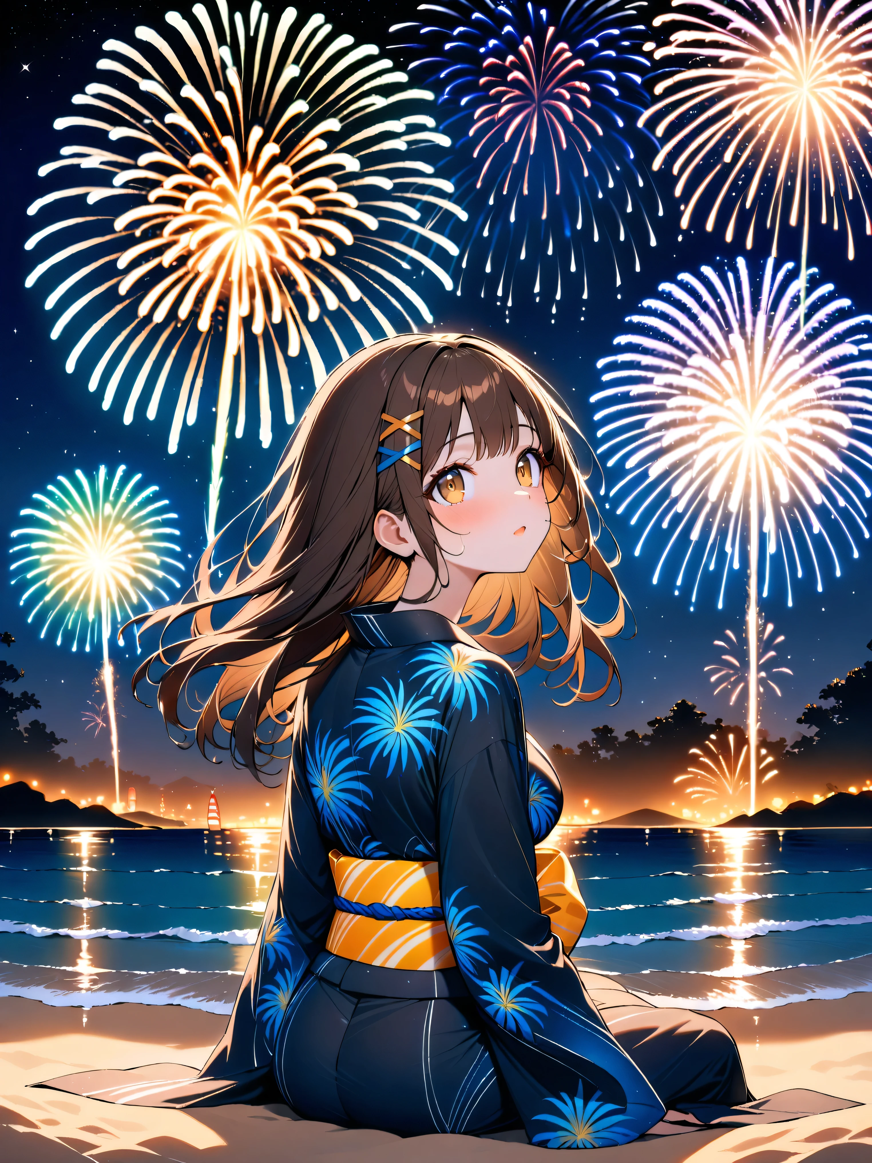 cute girl, from behind, (medium hair), (shoulder length hair:1.2), wavy brown hair, colorful hairpins, (bright expressive brown eyes), (big breasts:0.4), yukata, ribboned obi, (looking up at fireworks) posture, hair swaying in the breeze, sandy beach, (starry) sky, beautiful starry night, large fireworks, (exploding) fireworks in the sky, colorful display, coastline, sitting on the beach, sound of waves, warm night breeze, calm atmosphere, distant lights, face illuminated by fireworks, glowing eyes, summer night mood, (expansive) night sky, sparkling water, (masterpiece, best Quality, 16k), high Quality Face, high Quality background