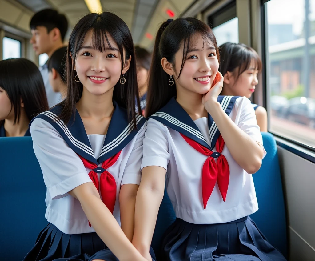 (masterpiece, best quality:1.2), multiple girls , ((huge big breast size)), wearing sailor uniform, in the train pack with friends, crowded  ,  vibrant colors, photorealistic, highly detailed