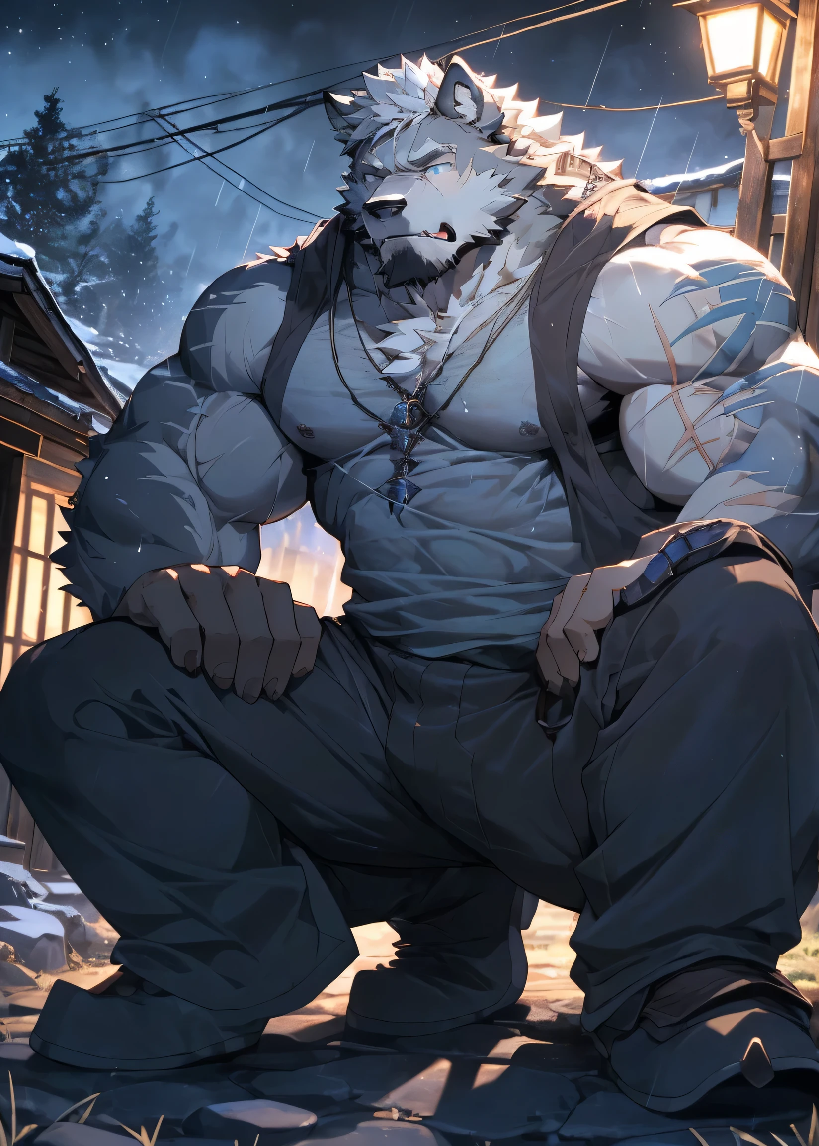 (masterpiece),Very detailed,(best quality),hairy,tiger,(((black fur:1.5))),black hair,golden pupils,Extremely strong,(Physically strong),(huge size),(((naked))),(White bath towel),(((crotch bulge))),(((big bag))),Standing by the hot spring,(smiling expression),(((Sweat))),((wall shot:1.3)),hot spring background,8K,(high quality),Japanese animation