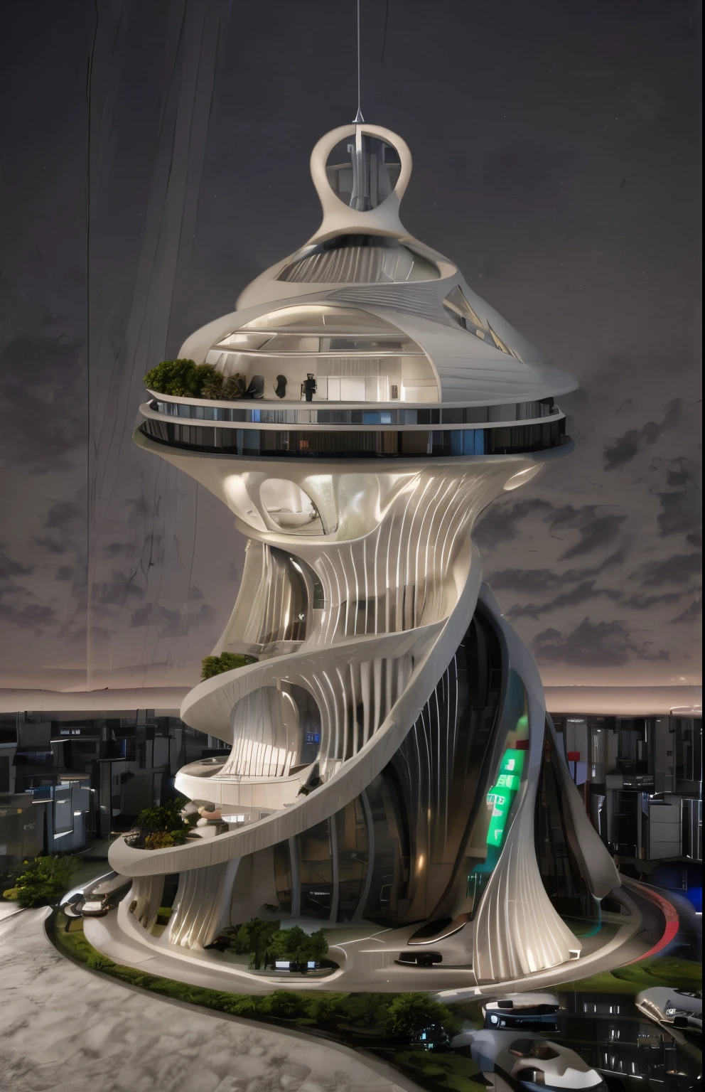 skyscraper , many floors, Night light architectural render, room light from inside, different kinds of light, car and street lights outside, realistic, flawless.