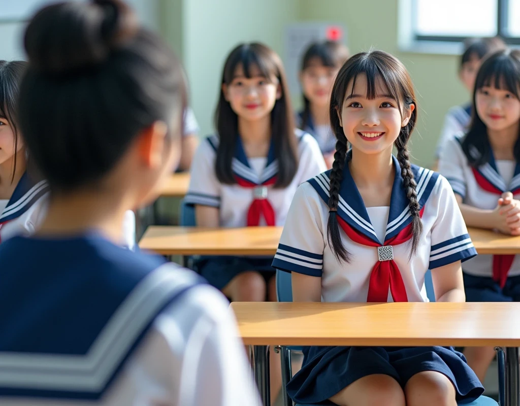 (masterpiece, best quality:1.2), multiple girls , wearing sailor uniform, sitting in the classroom with friends, view from teacher's view, view from front of the class, vibrant colors, photorealistic, highly detailed