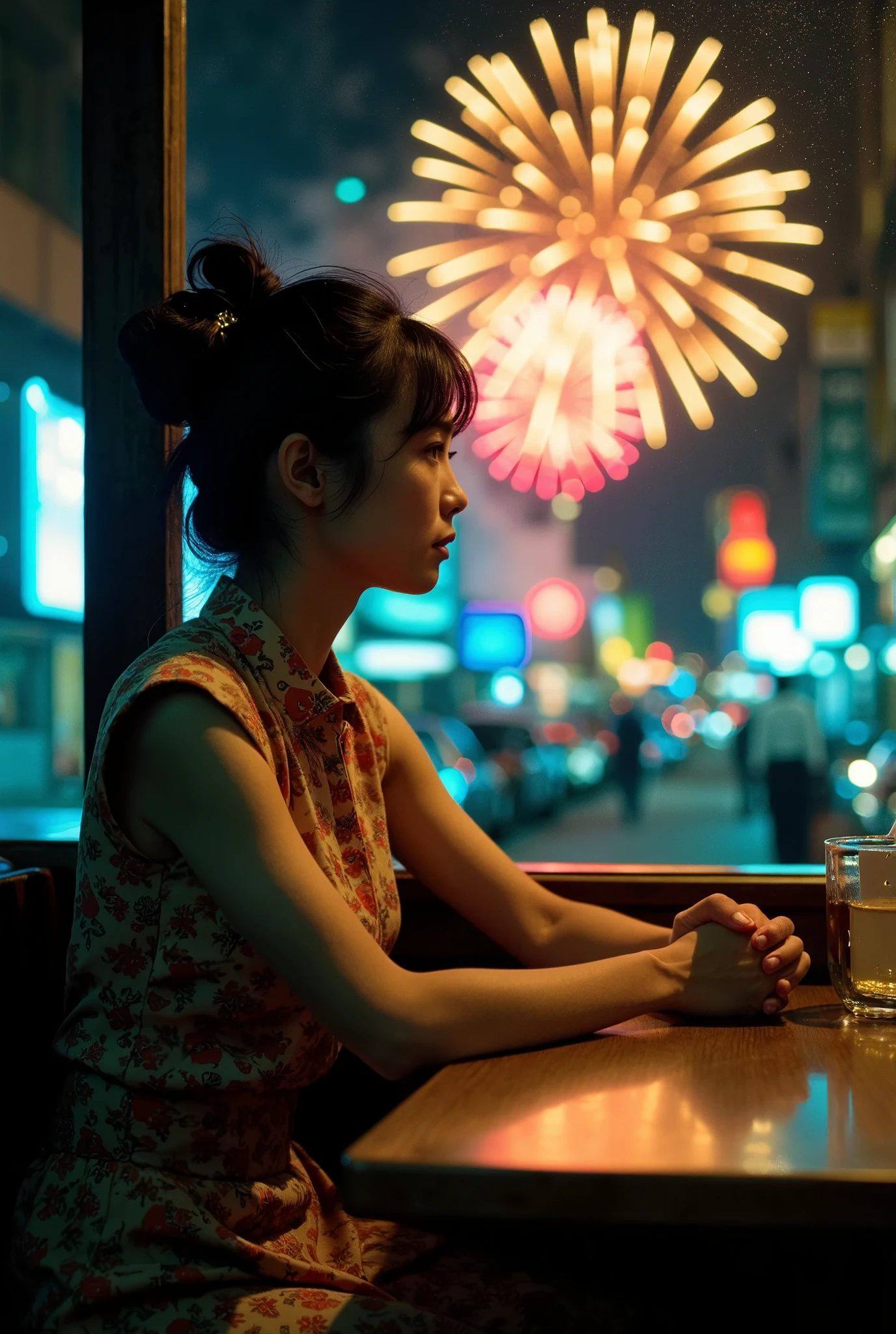 Photography, cinematic composition, movie of Wong Kar-Wai, photo take from side, close up of a young Asian girl sitting inside a secluded cafe, she wearing vintage long dress, she look outside the window, many fireworks outside the window, lonely vibe, intricate detail 