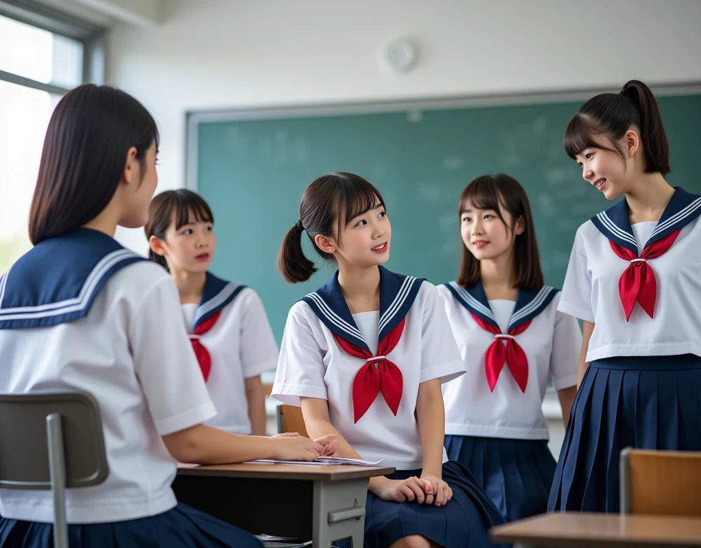 (masterpiece, best quality:1.2), multiple girls , wearing sailor uniform, sitting in the classroom with friends, view from teacher's view, view from front of the class, vibrant colors, photorealistic, highly detailed