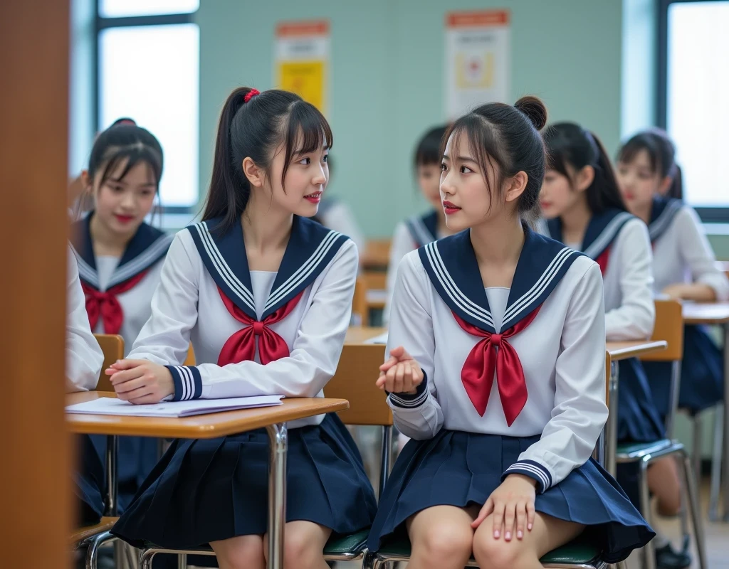 (masterpiece, best quality:1.2), multiple girls , wearing sailor uniform, sitting in the classroom with friends, view from cctv camera at the corner of the classroom , vibrant colors, photorealistic, highly detailed