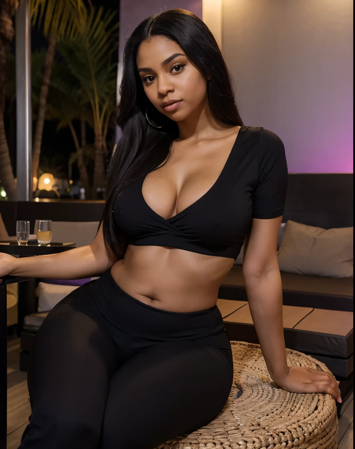 Mixed black ethnicity, curvy girl, long straight hair, wide hips, curvy body, wearing sexy black dress, revealing dress, in a night beach bar in bali