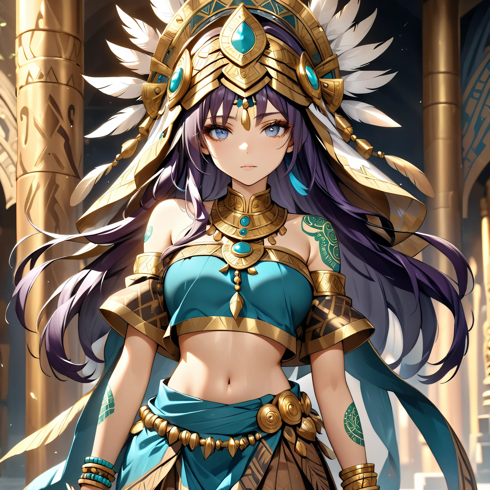 (extremely delicate and beautiful detailed pale face.)4k, HDR, full HD, deep purple hair, shiny and oily skin, The image shows a warrior or priestess in ceremonial or ritualistic attire. She wears an exotic ensemble of brown and gold tones, adorned with turquoise jewelry. The top is an off-the-shoulder top with gold details and an intricate design. A skirt with feathers and gemstone pendants covers her waist, while bracelets and accessories on her arms and legs complement the outfit. He wears a headdress that partially covers his head and eyes, reinforcing a mystical and tribal aesthetic, along with tribal tattoos that cover his skin.
