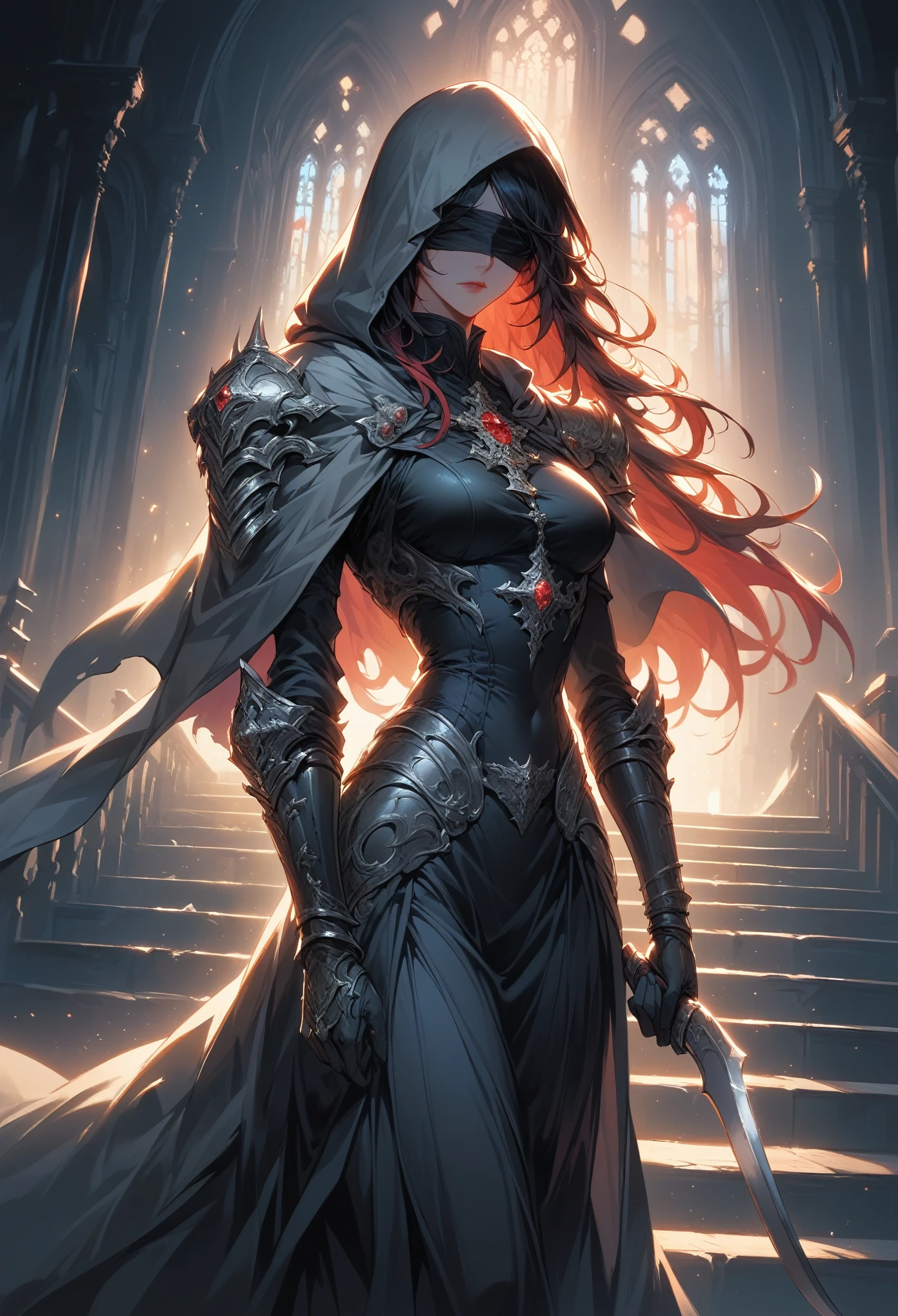 A woman in a black dress holding a sword in a dark room - SeaArt AI