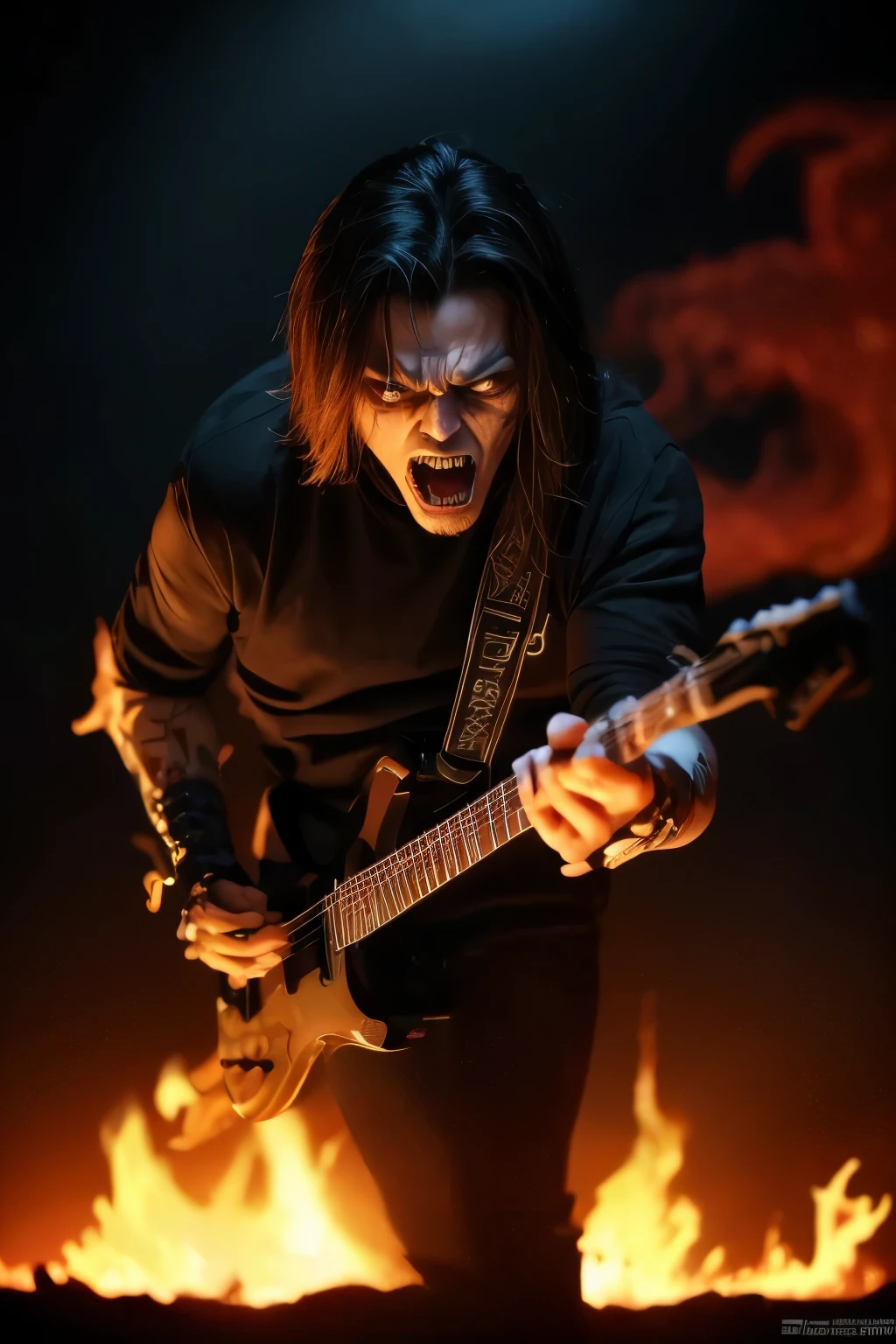 Half Body portrait of Eddie, the Iron Maiden mascot, (((playing a Black Guitar))) in Dynamic scary pose, standing in a powerful stance. His eyes glowing with intensity, reflecting his dark, rebellious spirit. His face is skeletal yet detailed with realistic textures, showcasing his iconic menacing grin. The background is a stormy night, with lightning illuminating the scene, adding a dramatic effect. Realistic skin textures and clothing details, capturing the essence of Eddie in a modern, lifelike illustration. natural light, 35mm photograph, film, professional, 4k, highly detailed, Golden hour lighting. Depth of field F2. Rule of Thirds Composition. ((Cinematic lighting, hell, flames background))
