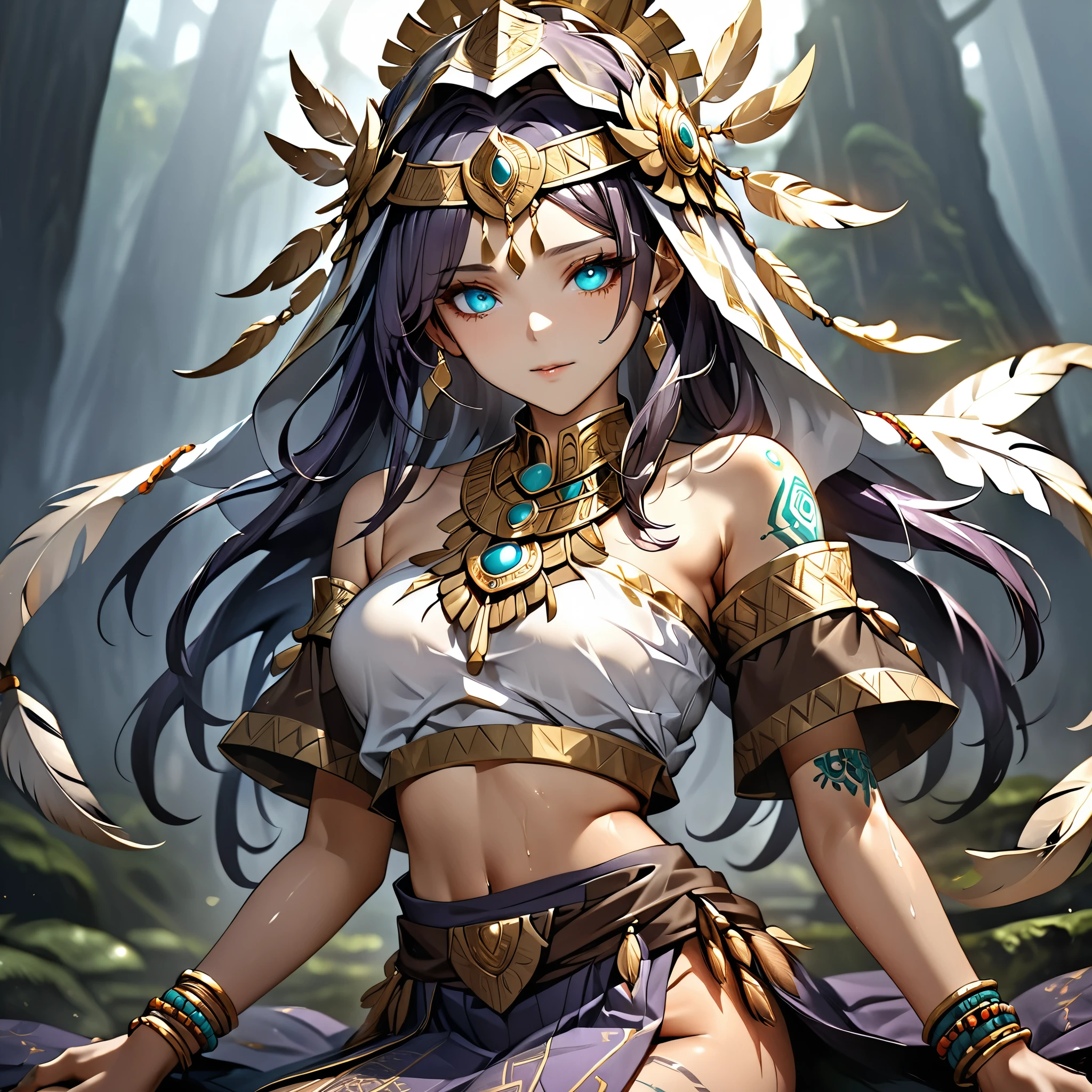 (extremely delicate and beautiful detailed pale face.)4k, HDR, full HD, deep purple hair, shiny and oily skin, The image shows a warrior or priestess in ceremonial or ritualistic attire. She wears an exotic ensemble of brown and gold tones, adorned with turquoise jewelry. The top is an off-the-shoulder top with gold details and an intricate design. A skirt with feathers and gemstone pendants covers her waist, while bracelets and accessories on her arms and legs complement the outfit. He wears a headdress that partially covers his head and eyes, reinforcing a mystical and tribal aesthetic, along with tribal tattoos that cover his skin. 