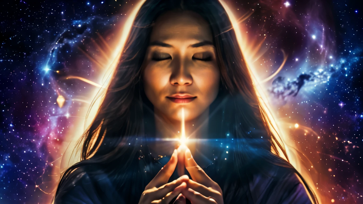 (((Eyes closed))),Fortune teller woman,Woman in her late 30s,Beings of Light,A gentle gaze,(Illuminated by strong light in space),(((Beings of Light達している))),The existence of the universe、((((Protected by the cosmic beings))))