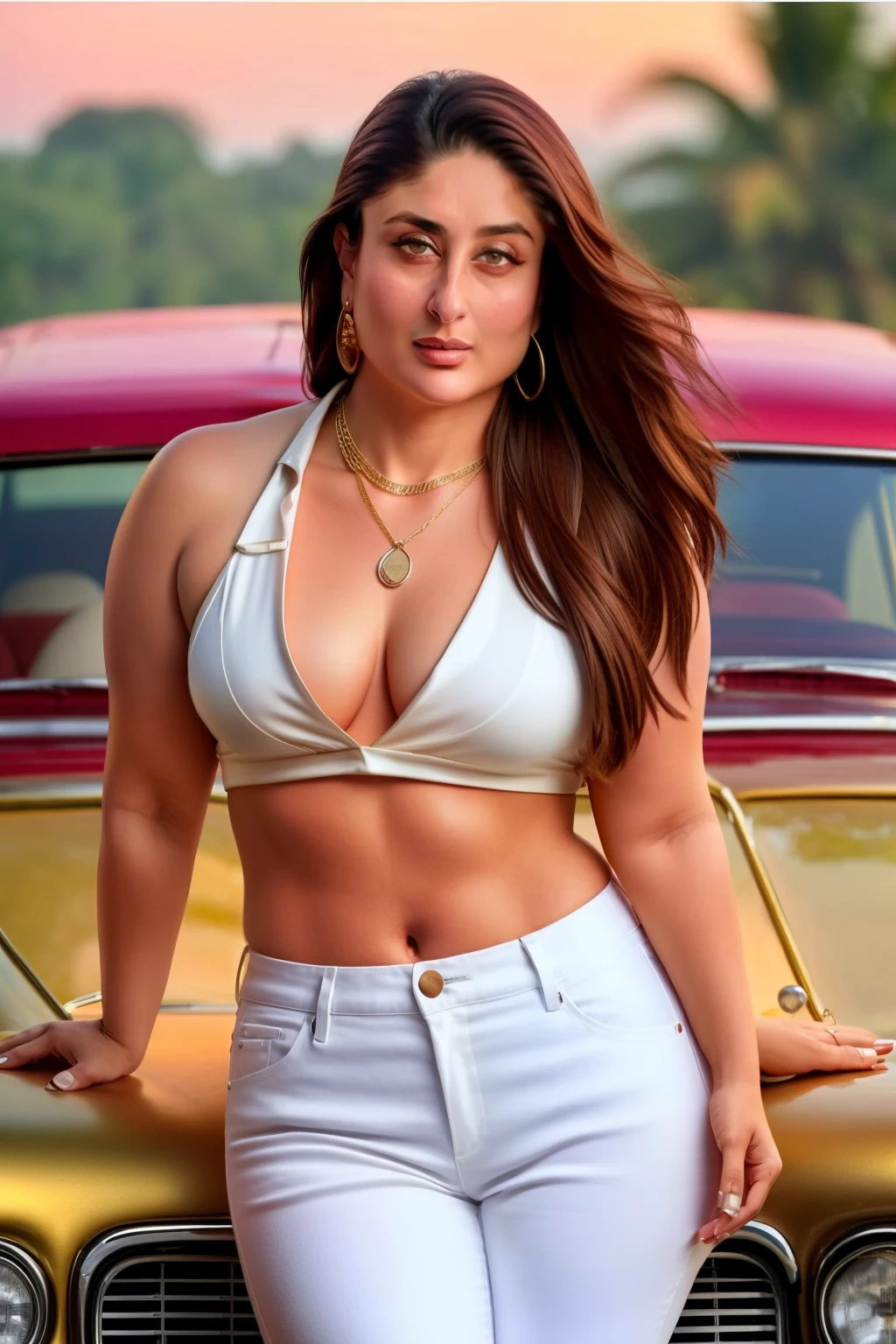 Young fat Kareena Kapoor is Mafia Boss, with a car exploding in the background, Poster for a mafia film,
She is wearing a white pants, her top is nude
She is very fatter
Six pack body
Very fat arms
She has 6 large 10 pound gold necklaces and big diamonds necklace and big red gem around her neck,
She is standing on car roof