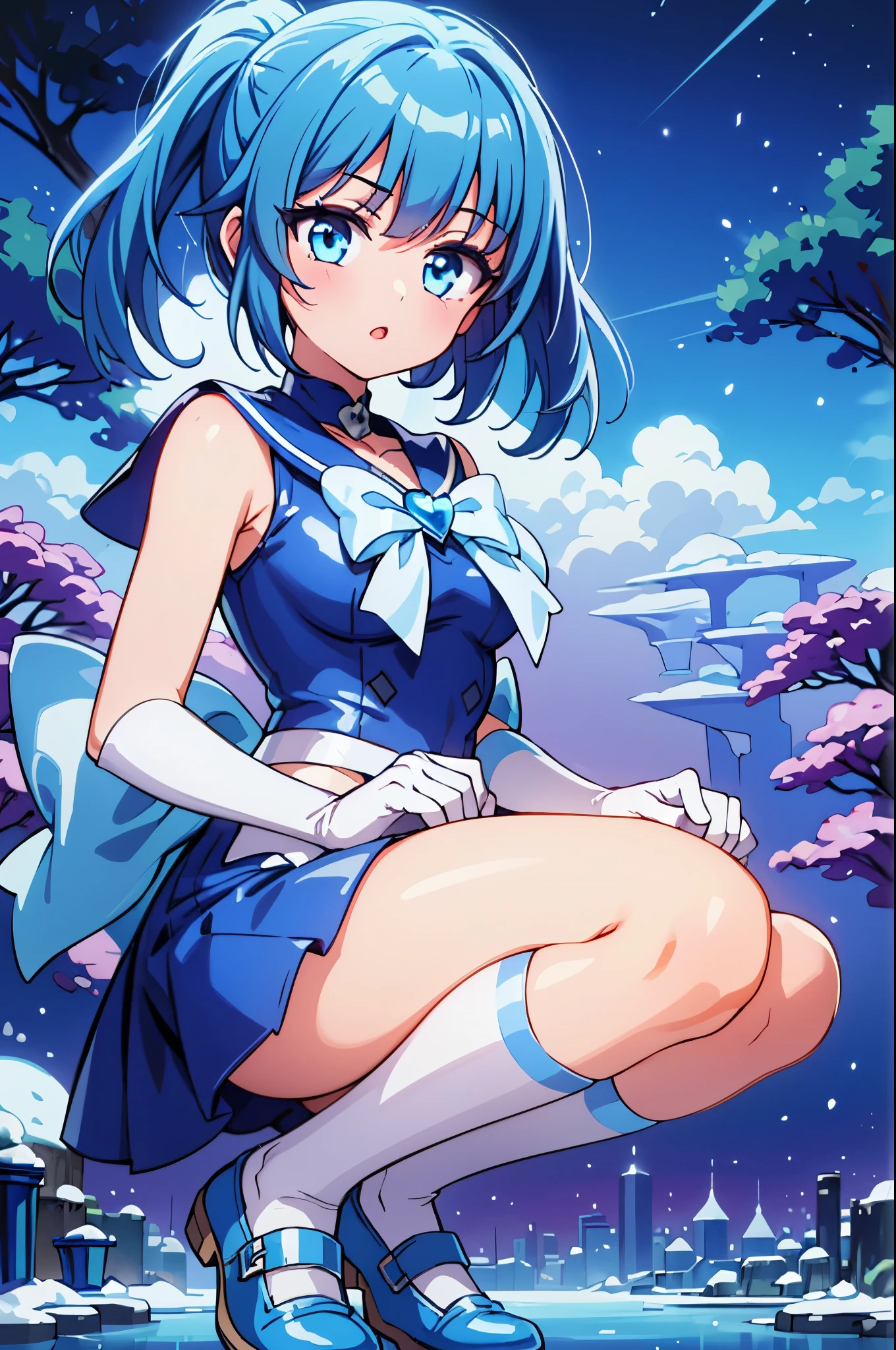 ((best quality)), ((official art)), ((masterpiece)), textile shading, ((ultra-detailed)), solo, full color, (1girl, solo, bssmsuperoutfit, circlet, white leotard,,blue sailor collar, sleeveless, heart brooch, miniskirt, white gloves, hairstyle, hairlength , detailed face, (full body:1.1)), (in nature) (best quality, highres, ice skull:1.1), ice skull, girl style, thick body art, detailed facial features, icy blue eyes, glossy lips, long eyelashes, porcelain skin, blue and silver color scheme, intricate skull design, realistic texture, vibrant colors, elaborate background, mysterious atmosphere, frozen garden, snow-covered trees, sparkling ice crystals, surreal lighting, fantasy elements