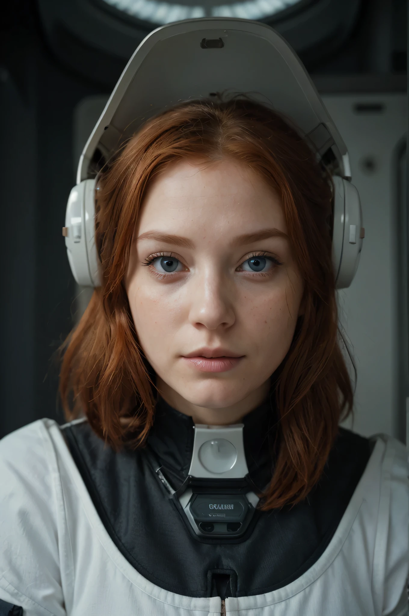 (best quality,4k,ultra-detailed,realistic),portrait,ginger woman,space,futuristic space suit,cute face,blue eyes,detailed eyes,freckles:0.8,sci-fi,dystopian