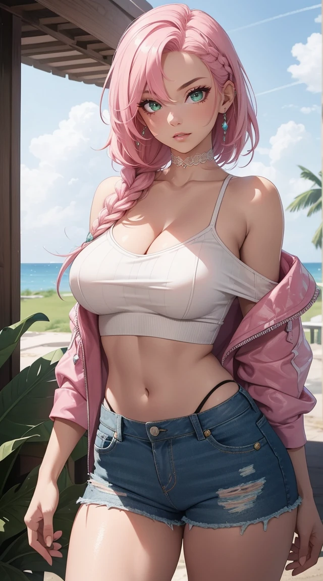 Nami from One Piece. Wearing a super mini skirt、A woman in a white top and pink panties posing on the beach, Photorealistic anime girl rendering, Smooth anime CG art, Realistic Anime 3D Style, Swimwear, April Rendering, Realistic Bikini, 3D Anime Real, Anime very detailed, Photorealistic perfect body, Detailed digital anime art, Trending on cgstation, Anime-style 3D, Enchanting anime girl