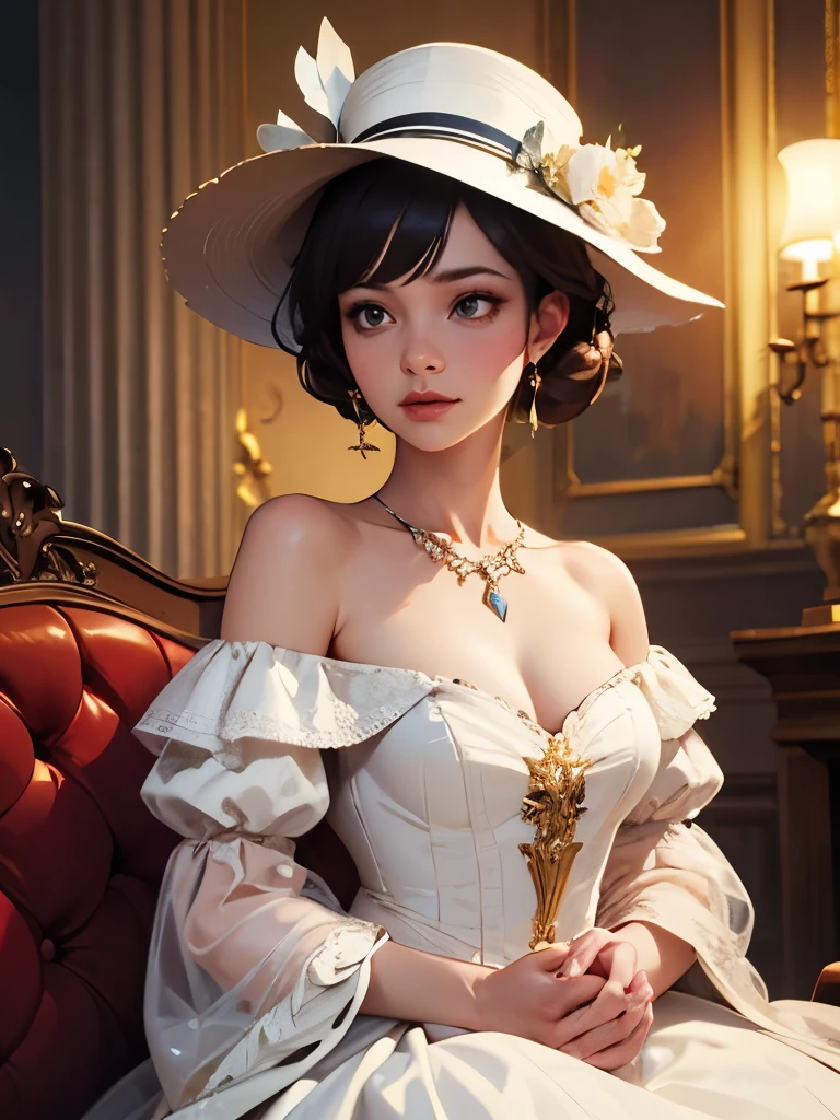 arafed woman in a white dress and hat in a room, an album cover by Jean Jouvenet, cgsociety contest winner, rococo, dress in the style of rococo, rococo fashion, rococo queen, # rococo, rococo dress, intricate victorian dress, rococo!, in victorian aristocrat, robe. extremely high details