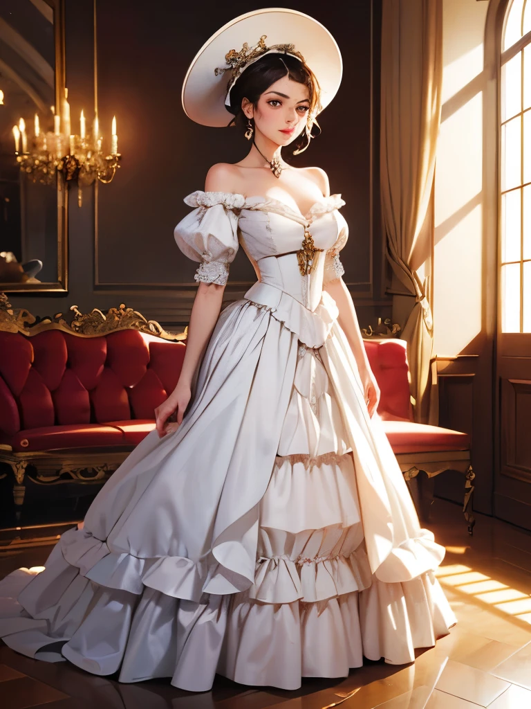 arafed woman in a white dress and hat in a room, an album cover by Jean Jouvenet, cgsociety contest winner, rococo, dress in the style of rococo, rococo fashion, rococo queen, # rococo, rococo dress, intricate victorian dress, rococo!, in victorian aristocrat, robe. extremely high details