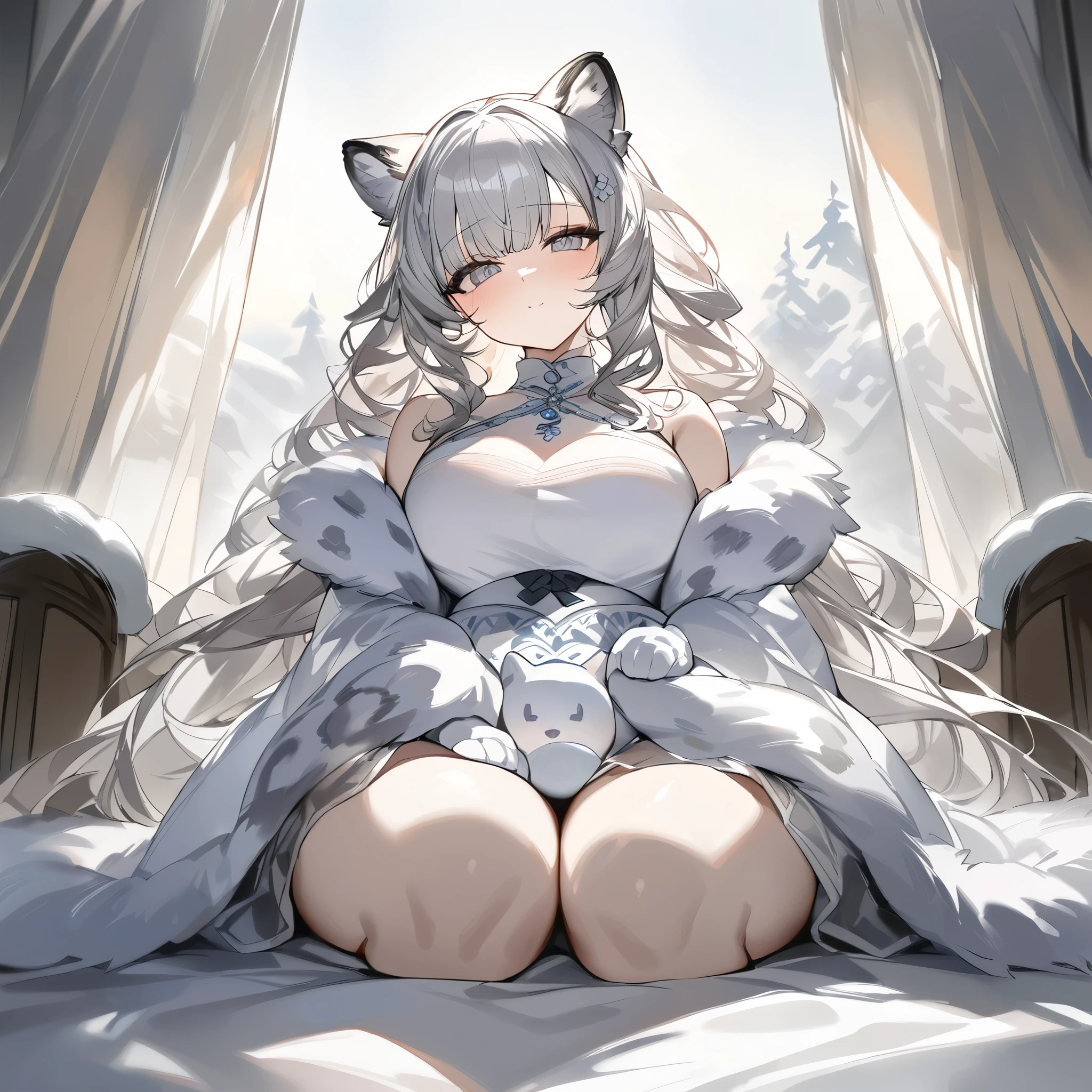 1 girl，Cat ear，white silk，white hair，Squat down， spread legs，Translucent fabric，blush，Transparent liquid