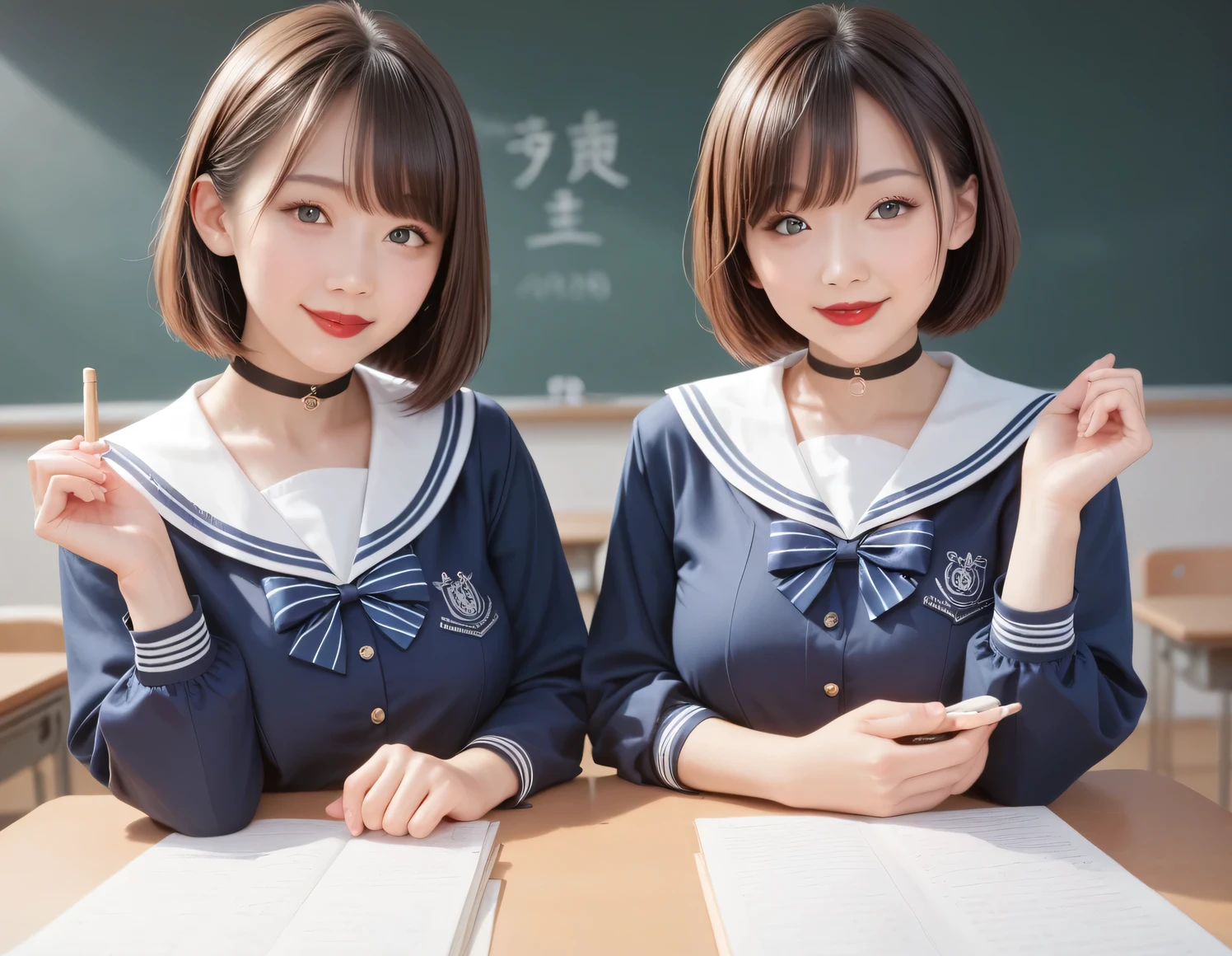 Score_9, Score_8, Score_8upScore_7, Best Quality、masterpiece、Group photo, Female student and female teacher, ((Female students in sailor suits, Slender body, Slim face, Adorable, smile, Brown Hair, Short Bob Hair, Black Choker, Almond Eye, bangs, Very thick and long eyelashes, Perfect Makeup)), ((The female teacher is wearing a tight white shirt, a navy blue blazer and a miniskirt and has big breasts., Slender body, Slim face, Adorable, smile, 長いBrown Hair, Black Choker, Blue contact lenses, bangs, Very thick and long eyelashes, Perfect Makeup, Red lipstick)), Shooting from a medium distance, There is a table in the center of the classroom., Two women are sitting on either side of him, discussing the matter.、They are chatting、There are documents on the desk
