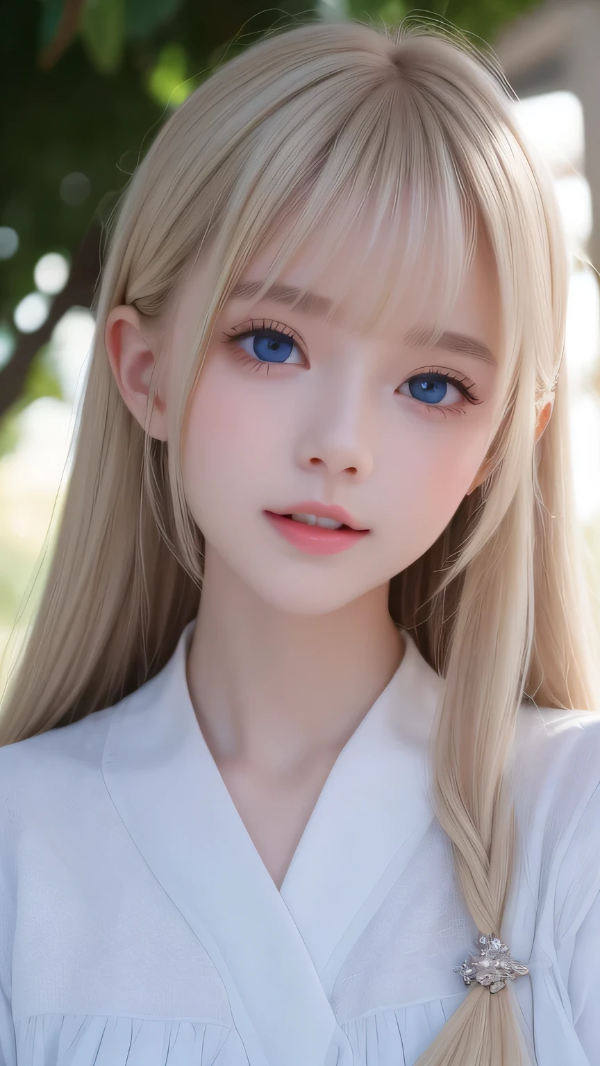 Portrait、School uniform、Bright expression、ponytail、Young shiny glossy white glossy skin、The best looks、Blonde reflection、Platinum blonde hair with highlights、Shiny bright hair,、Smooth, super long, straight hair、Shiny, beautiful bangs、Sparkling, crystal clear, attractive, large, incredibly bright light blue eyes、Very beautiful, lovely and cute girl、Ample Bust