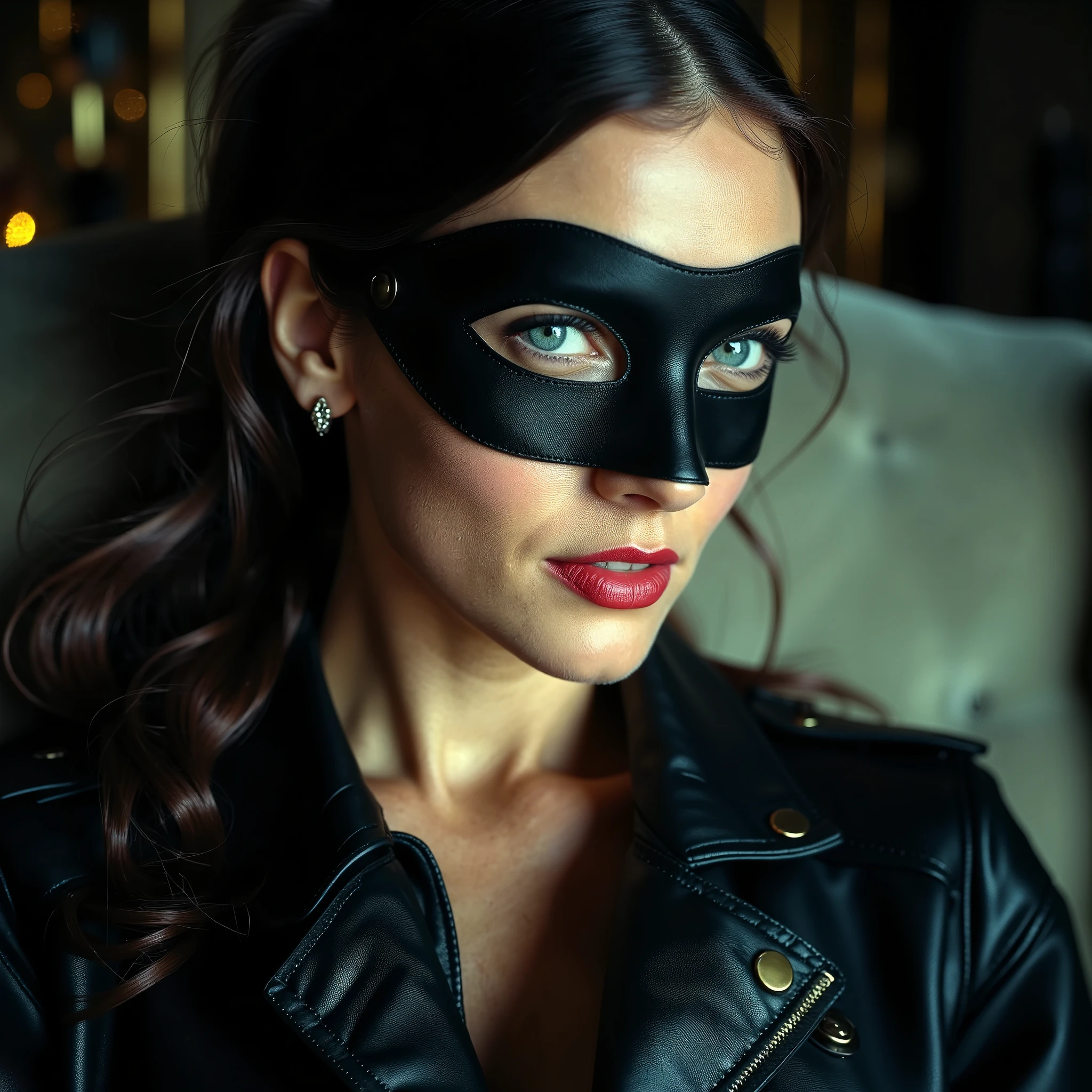 portrait of a sultry adult female with long black black, wearing blindfold, wearing black lipstick, sexy, solo, alone, nsfw, wearing bdsm gear