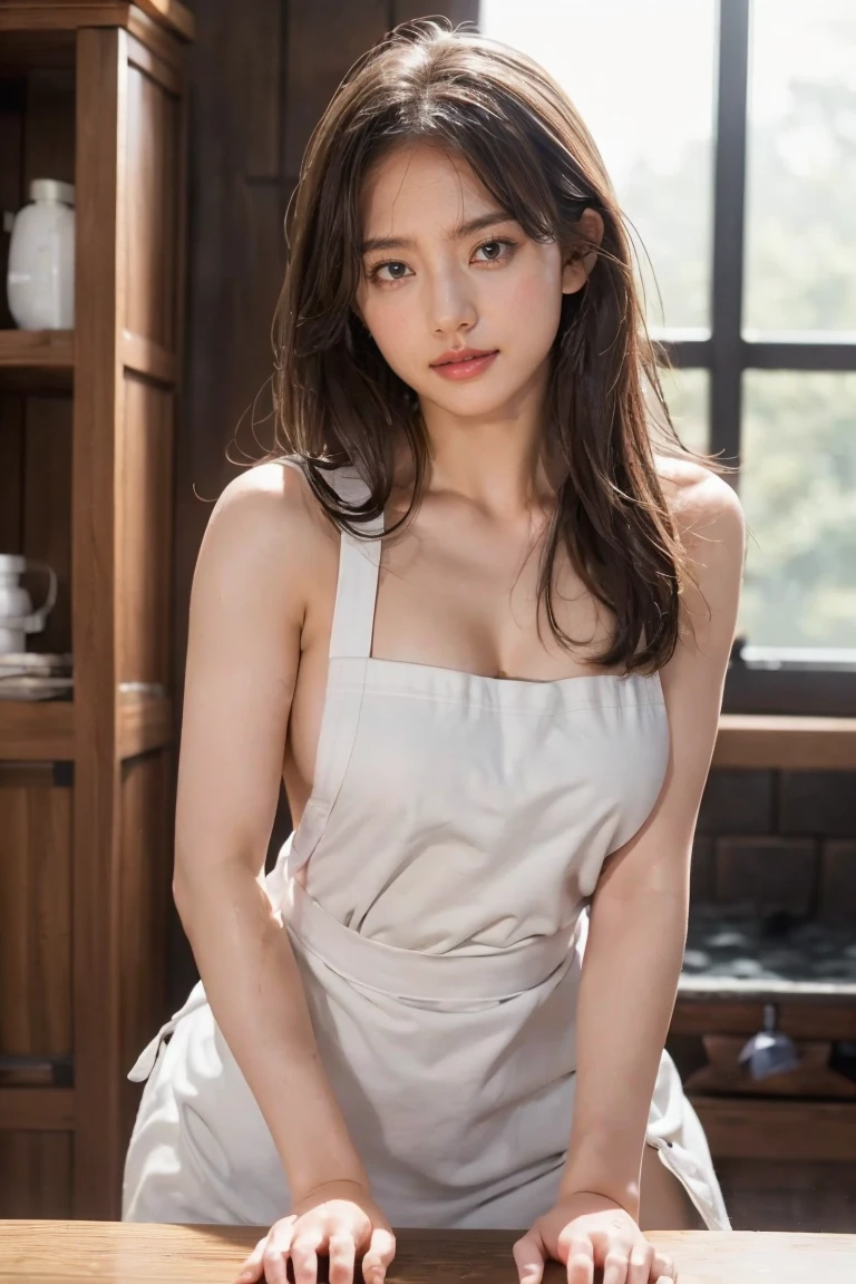 (Squat)、(Lean forward)、(good)、(Sex:1.3)、Topless:1.4、(Best Quality、Tabletop、8k、Highest quality、Award-winning works)、A beautiful woman in her twenties、(Naked and wearing only an apron:1.3)、(The perfect short mini apron:1.3)、Perfect beauty portrait、Glowing Skin、Brown Hair、(Completely naked:1.3)、(Accentuate your body lines:1.1)、Standing gracefully、Seductive and sexy look)、(Women&#39;s bath:1.5)、(Boldly exposes her beautiful breasts:1.5)、(Boldly exposes beautiful thighs:1.1)、(Boldly exposes her thick legs:1.1)、(Short apron:1.2)