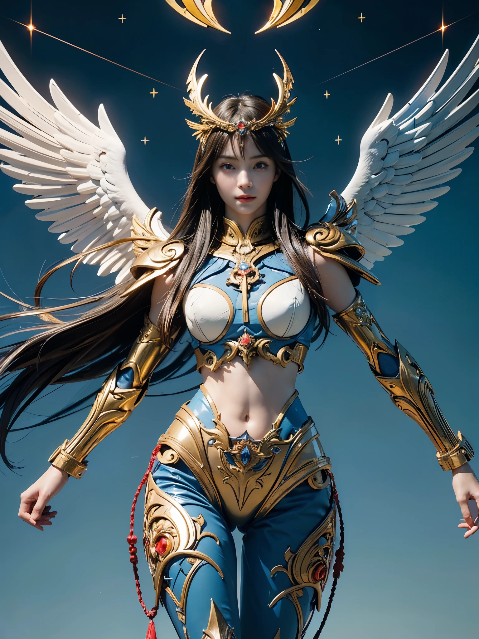(masterpiece, highest quality, Realistic photos), ((Angel floating in the air;1.4)), A very cute Japanese woman, A complex copper and brass mechanical armor with a Hawk and eagle motif., Beautiful big angel wings, (The wings are symmetrically paired;1.5), ((Carrying an aura of bright blue flame)), White tone, A little bit of blue and red and yellow accents, Angel falling from the sky, floating in the sky, Extremely intricate details, Posing on the medieval castle walls at sunset, Long Shot, narrow body, hourglass body, medium breasts, thin waist, flat belly, Thin and beautiful thighs, beautiful legs,