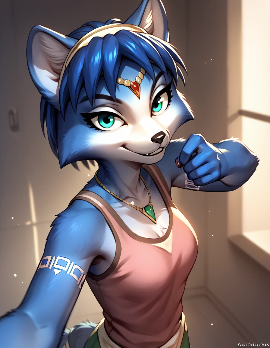 score_9, score_8_up, score_7_up, score_6_up, score_5_up, score_4_up, solo, Krystal, indoors, smile,  "A casual selfie of Krystal from Star Fox, an anthropomorphic blue-furred fox with a calm, friendly expression. She is holding the camera in a relaxed pose, with a subtle smile, her blue eyes reflecting a serene vibe. She is wearing her sleek pink shirt , but presented in a casual, approachable way. The background is simple and soft, perfect for a profile picture, with neutral tones to make her stand out."
