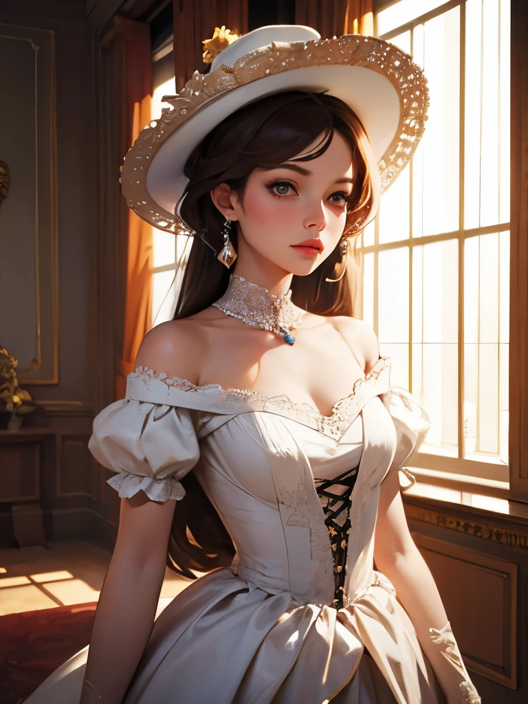 arafed woman in a white dress and hat in a room, an album cover by Jean Jouvenet, cgsociety contest winner, rococo, dress in the style of rococo, rococo fashion, rococo queen, # rococo, rococo dress, intricate victorian dress, rococo!, in victorian aristocrat, robe. extremely high details