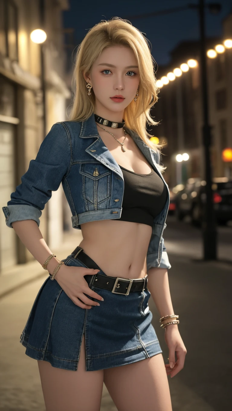 (highly detailed back ground:1.0)、(highly detailed back ground:1.0)、Beautiful udder、Beautiful belly button、Navel out、absurderes、((masterpiece:1.2、top-quality))、ultra-detailliert、Ultra-precise depiction、Ultra-detailed depiction、top-quality、ighly detailed、(dynamicposes)、(Photorealsitic:1.4)、Official art、Unity 8k壁纸、Beautifully Aesthetic、looking at the viewers、18Old Female、Beautiful waist、(shinny skin)、Many colors、dynamic ungle、Most Beautiful Form of Chaos、elegent、Brutalist design、 romanticism, deep-shadows,Legs raised high to expose white panties、Panties look good、 Unobtrusive, Beautiful camel toe、Looks Back,Beautiful panties、 Panties with ribbon、android_18, and18, 18 with, 1girl in, Android 18, Sleeveless、独奏, blonde hair, blue eyess, shorth hair, Beautiful belly button、beautiful thigh、Beautiful udder、耳Nipple Ring, jewely, Denim Vest, open vest, Raw feet, Black shirt, Denim skirt, Striped long sleeves, a blue skirt,