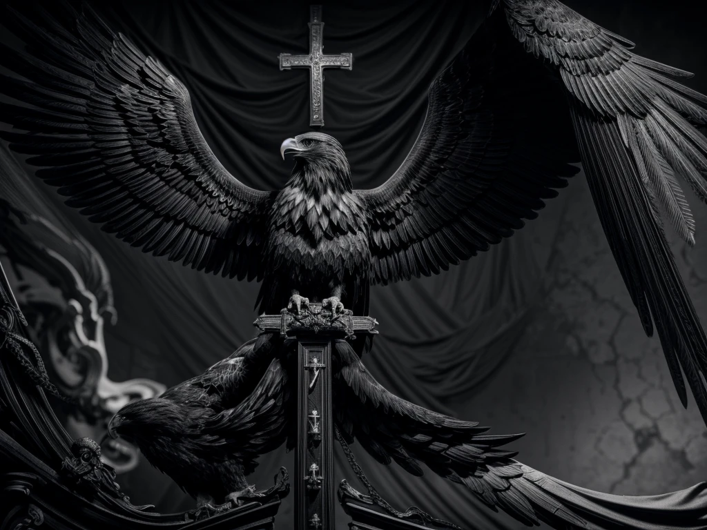 a flag of spain,catholic cross,eagle of saint john,black and white,masculinity,hyper detailed,photorealistic,studio lighting,sharp focus,8k, ultra detailed,high contrast,dramatic lighting, The eagle must be holding a human skull. GREYSCALE, leviathan cross, emblem, unholy union