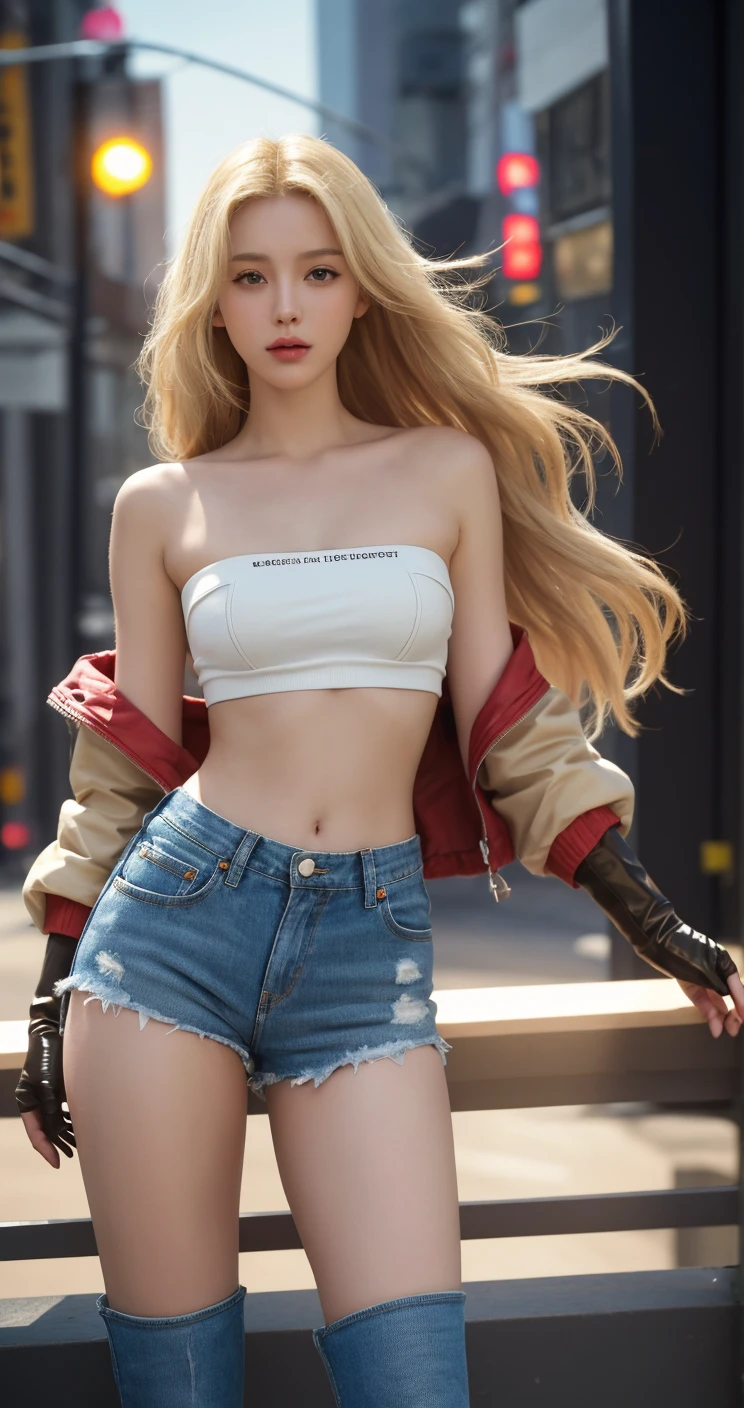 Unbeatable masterpiece, Ultra photo realsisim, Perfect artwork, Intricate details, Best quality, Strong light,High contrast, (Masterpiece)) , (Best quality) ,(illustration) , ((extremely detailed cg unity 4k wallpaper)) , ((ultra - detailed)) .(Cinematic lighting) , offcial art , Beautiful and detailed light , Dynamic Angle ,(Cinematic lighting) , hugefilesize ,Celluloid , (a extremely delicate and beautiful girl:1.2) , (Yellow hair) , Hair behind the ears , Straight hair , Purple eyes ,(white offshoulder shirt , halter neck , Loose-fit cropped jacket , black sock ,