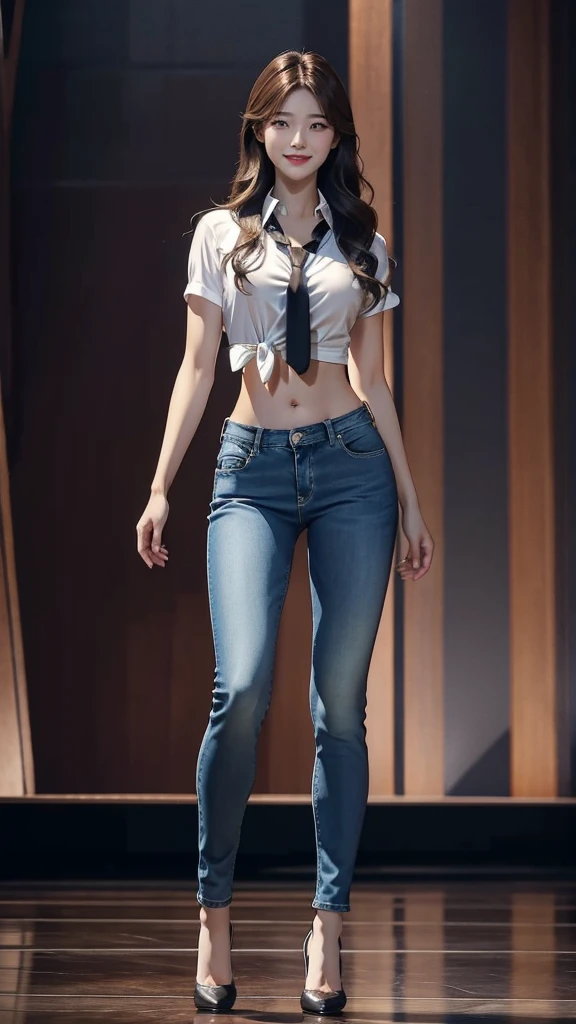 Full Body Photo. Acurate, 1 Jiheon、Brown hair、black eyes、Semi-long、setting hair、Slender but well-proportioned muscular body、a smile、wearing a tie-front shirt、Abs are cracked、The navel is visible、Wearing high heels、wearing very tight sky blue skinny jeans.、Breasts are big、Full Body from Head to Toe、Standing in a full height from head to the tip of the toe.

The picture must capture from head to toe