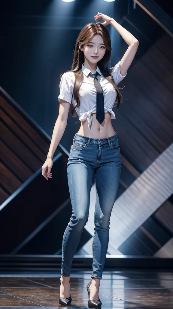 Full Body Photo. Acurate, 1 Jiheon、Brown hair、black eyes、Semi-long、setting hair、Slender but well-proportioned muscular body、a smile、wearing a tie-front shirt、Abs are cracked、The navel is visible、Wearing high heels、wearing very tight sky blue skinny jeans.、Breasts are big、Full Body from Head to Toe、Standing in a full height from head to the tip of the toe.

The picture must capture from head to toe