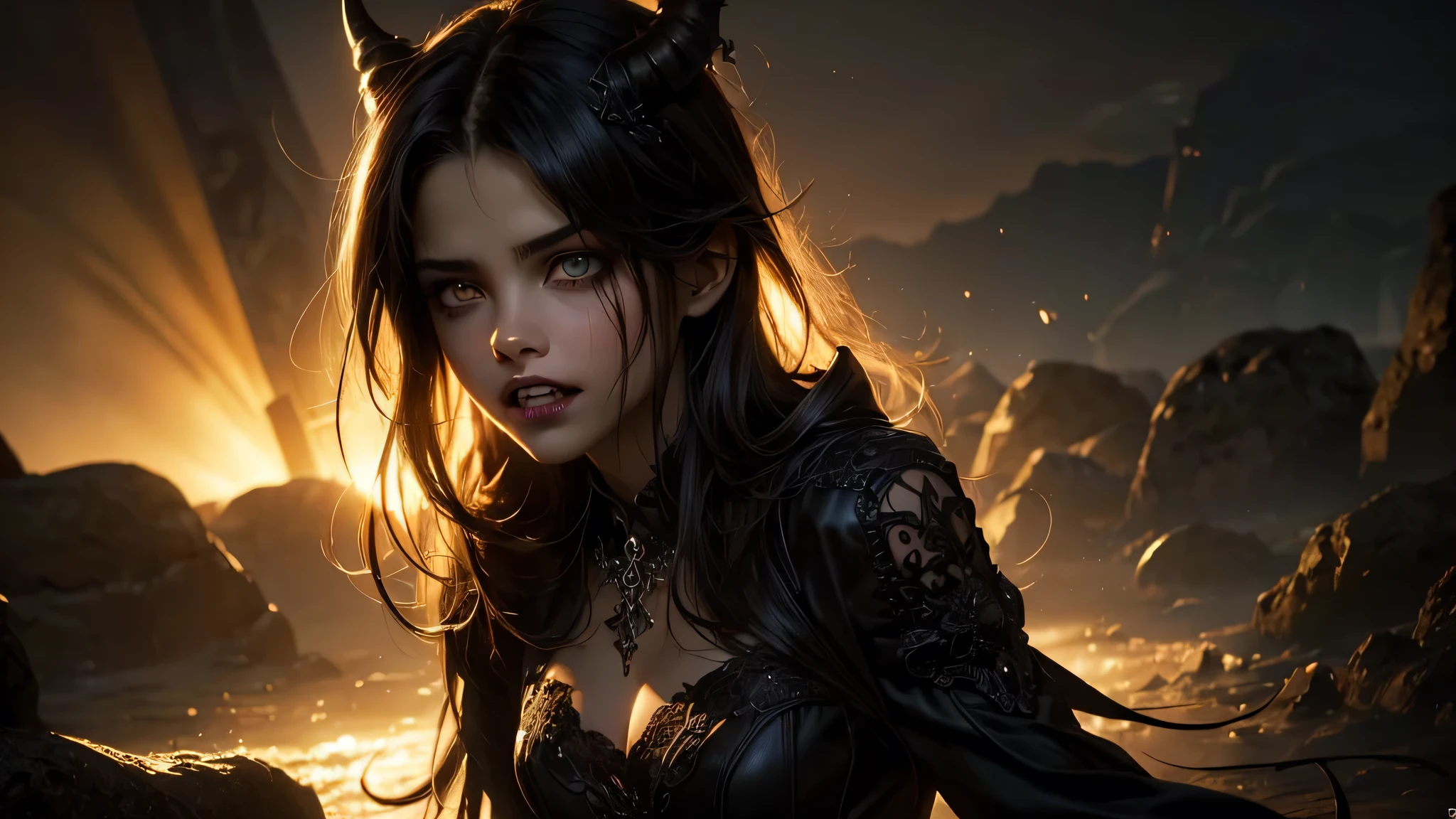 A hauntingly beautiful succubus, dark and alluring, (1girl, detailed face, intricate horns, glowing eyes, sharp fangs, elegant gothic dress, flowing black hair:1.2), dark fantasy, dramatic lighting, (cinematic, moody, atmospheric:1.1), (dramatic, emotive, mystical:1.1), (detailed, highly realistic, award winning digital art:1.4), rich color palette, dramatic chiaroscuro, (glowing, ethereal, otherworldly:1.2), (tempting, seductive, bewitching:1.3), (lonely, melancholic, tragic:1.1), dark romance, (burning, smoldering, passionate:1.2), (surrender, submission, devotion:1.2), (embrace, envelop, consume:1.2), (darkness, shadow, night:1.1), streaked hair, white hair, black hair, drill hair, light smile, seductive smile, excited, photorealistic, Gothic art, anime, anime style, ray tracing, god rays, cinematic lighting, cowboy shot, best quality, super detail, high details, anatomically correct