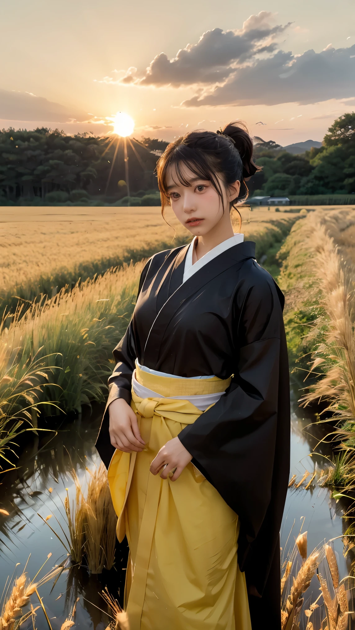 A girl in a kimono with a blank look stands waist-deep in a field of wheat, a black kimono with gold edges, her hair is tied in a ponytail, yellow eyes, the sunset is reflected in her eyes, the light falls on her face, half-sideways to the camera