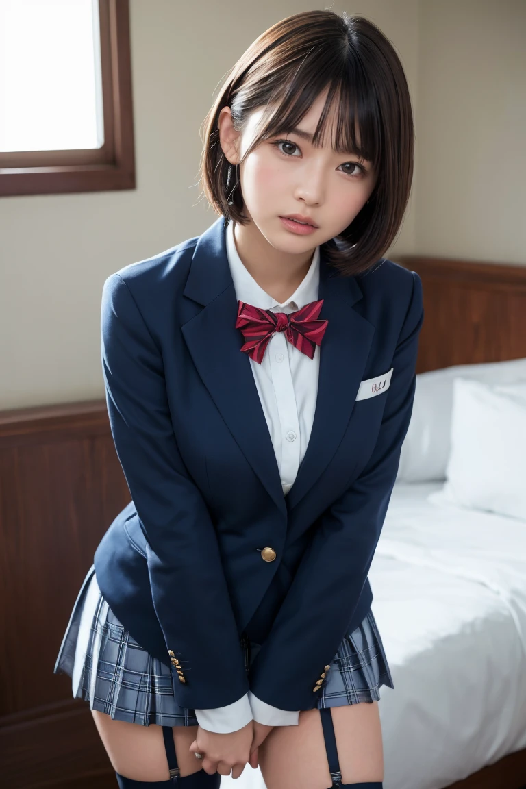 score_9, score_8_up, score_7_up, BREAK , rating_explicit, best quality, masterpiece, uncensored, 8k, 1girl, (school uniform:1.0), blazer, bowtie, taut shirt, pleated skirt, Japanese Gal, black hair, lery long hair, eyeshadow, makeup, long eyelashes, (huge breasts), curvy, looking at viewer, grin, blush, straddling, bent over, close-up, face focus, on bed, bedroom, (1boy, pov, sex, girl on top, cum in pussy, excessive cum)
