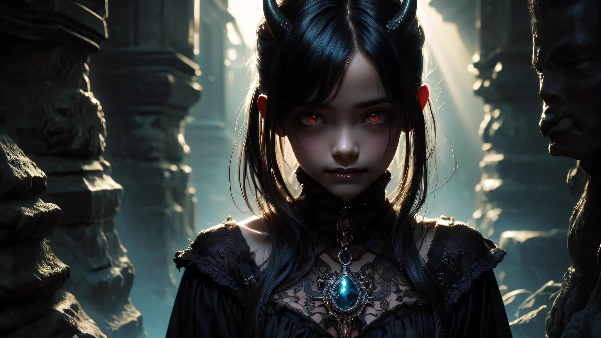 A hauntingly beautiful succubus, dark and alluring, (1girl, detailed face, intricate horns, glowing eyes, sharp fangs, elegant gothic dress, flowing black hair:1.2), dark fantasy, dramatic lighting, (cinematic, moody, atmospheric:1.1), (dramatic, emotive, mystical:1.1), (detailed, highly realistic, award winning digital art:1.4), rich color palette, dramatic chiaroscuro, (glowing, ethereal, otherworldly:1.2), (tempting, seductive, bewitching:1.3), (lonely, melancholic, tragic:1.1), dark romance, (burning, smoldering, passionate:1.2), (surrender, submission, devotion:1.2), (embrace, envelop, consume:1.2), (darkness, shadow, night:1.1), streaked hair, white hair, black hair, drill hair, light smile, seductive smile, excited, photorealistic, Gothic art, anime, anime style, ray tracing, god rays, cinematic lighting, cowboy shot, best quality, super detail, high details, anatomically correct