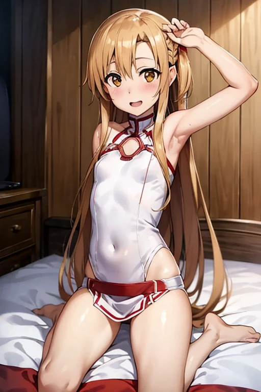 ((Best Quality)), ((masterpiece)), (be familiar with), Perfect Face, indoor, bedroom, Watching the audience,
One woman, Yuuki Asuna,
Open Mouth, Ecstatic expression, blush, smile,
Small breasts, Flat Chest, , , child, Girl,
Long Hair, Long Hair,
Leg spread,