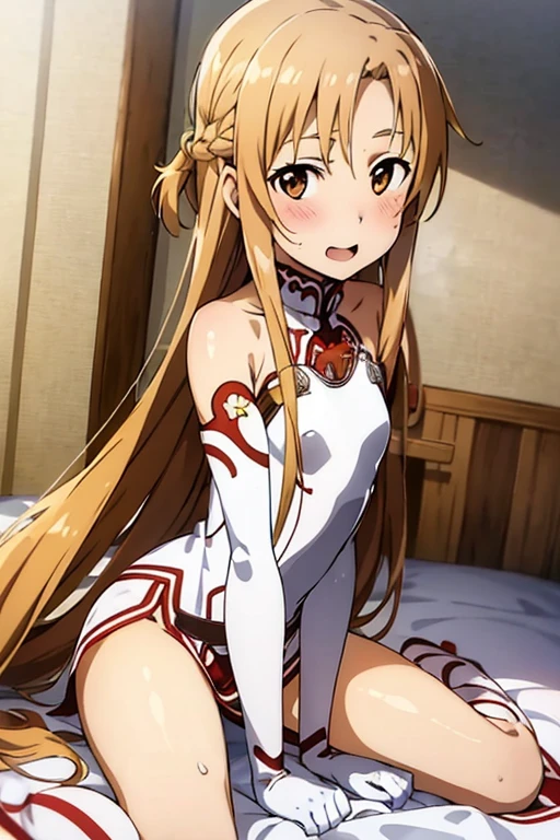 ((Best Quality)), ((masterpiece)), (be familiar with), Perfect Face, indoor, bedroom, Watching the audience,
One woman, Yuuki Asuna,
Open Mouth, Ecstatic expression, blush, smile,
Small breasts, Flat Chest, , , child, Girl,
Long Hair, Long Hair,
Leg spread,