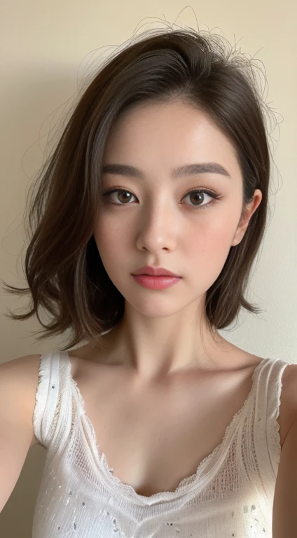 Dark brown hair、Light brown eyes、The face of a 21-year-old Japanese actress、 Lady、、(Intricate details:1.2)、(Which one is on top??:1.4)、 (Ultra-high resolution:1.2)、Ultra-high resolution、(Fine-tune)、(Detailed facial features)、8k resolution、B cup size breasts、Long Hair、Updostyle, Updo、Hair Bun、1 girl, Deep sorrowの表情, (Very detailed美しい顔), （Nightwear:1.4）、(Exposing shoulders:1.3), (Highest quality:1.4), (Very detailed)、Beautiful fair skin with transparency,  Are sleeping、Top view、  Please open your mouth a little、Deep sorrow、Pose of Weakness、White floor、White wall、The morning sun shines in、Please lie down and sleep